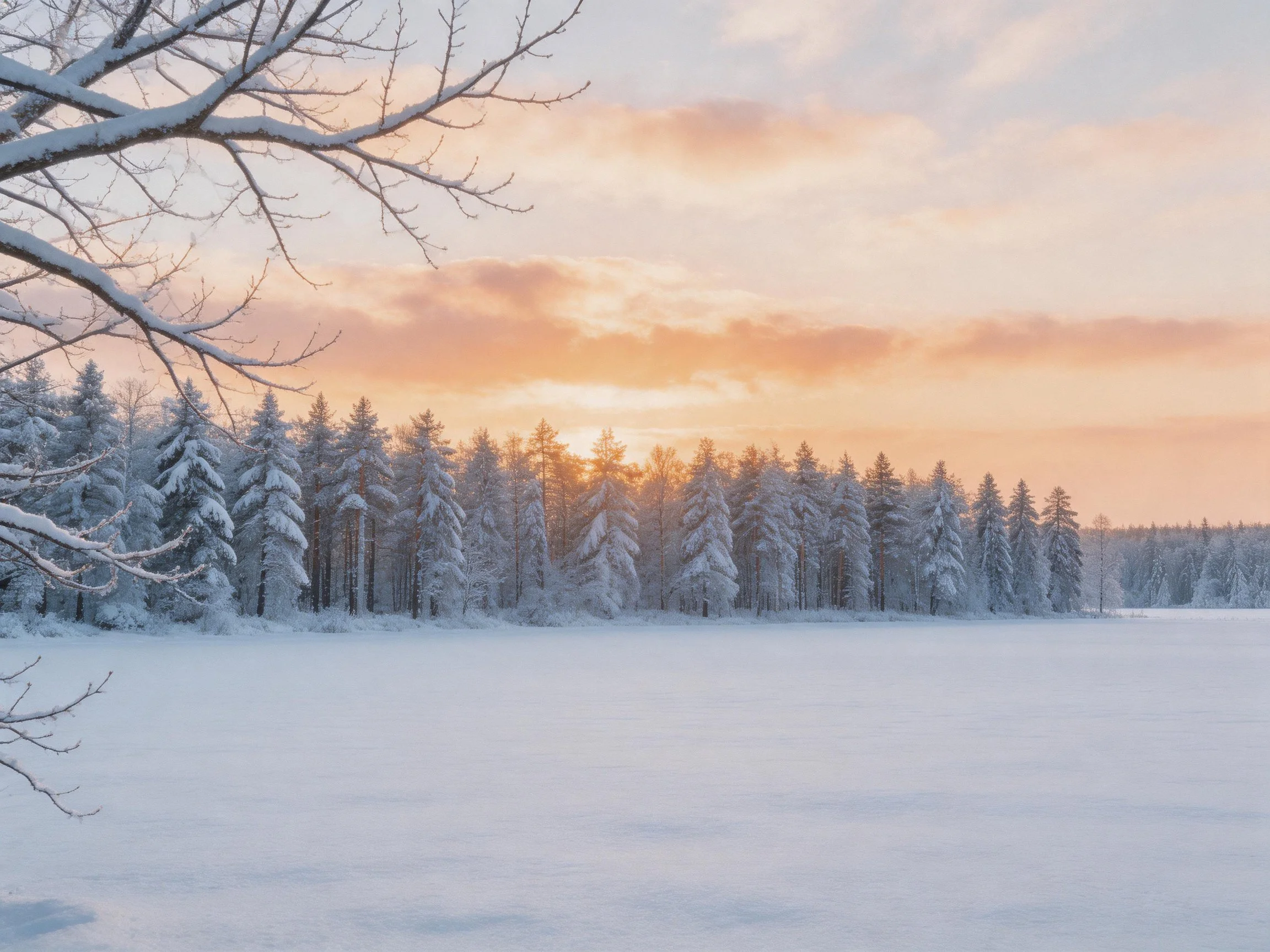 Snow-laden evergreen forest beside frozen lake at sunset