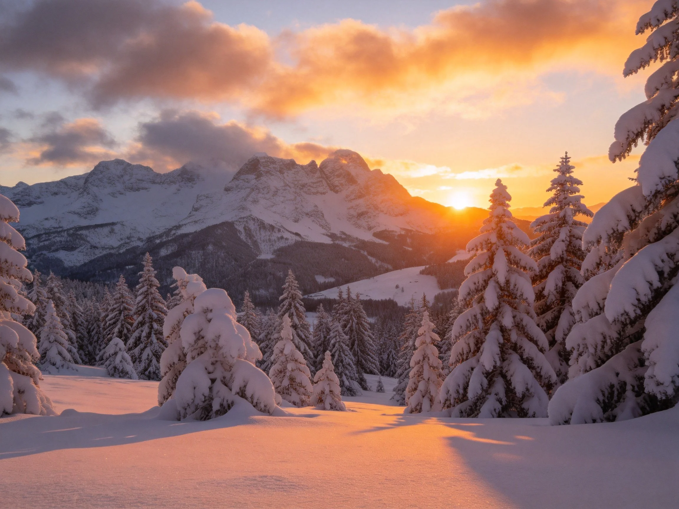 Snow-laden evergreen forest, mountain peaks, and golden sunset