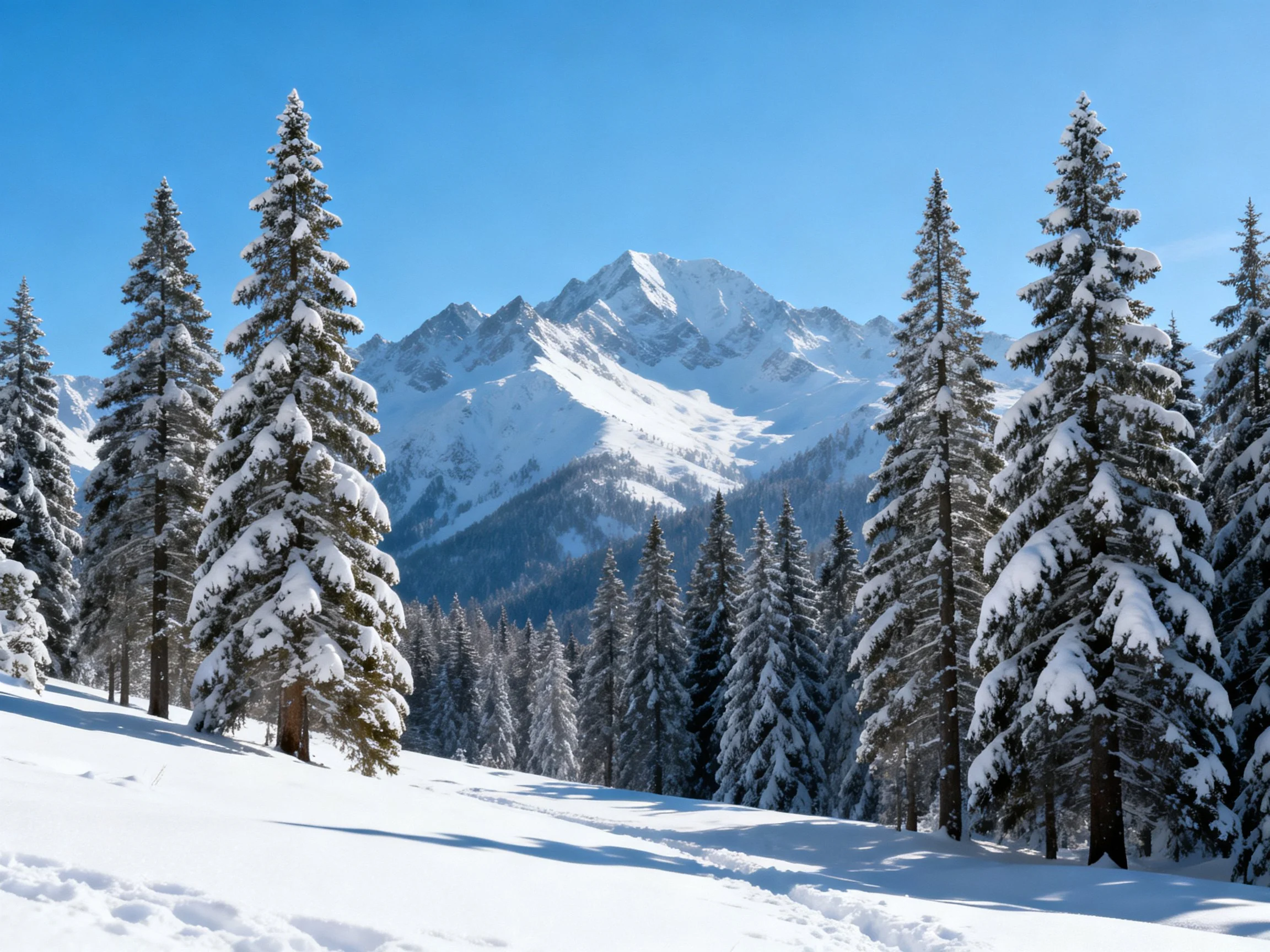 Snow-laden evergreen forest near majestic mountain peaks under clear blue sky