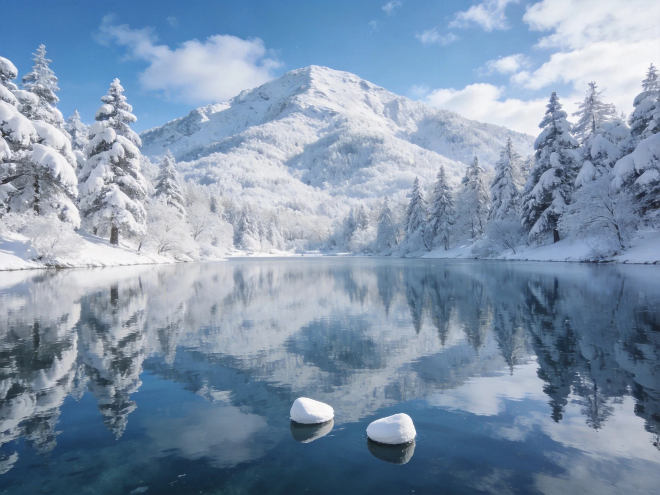 Snow-laden evergreen forest reflects in a clear blue winter lake beside a white mountain