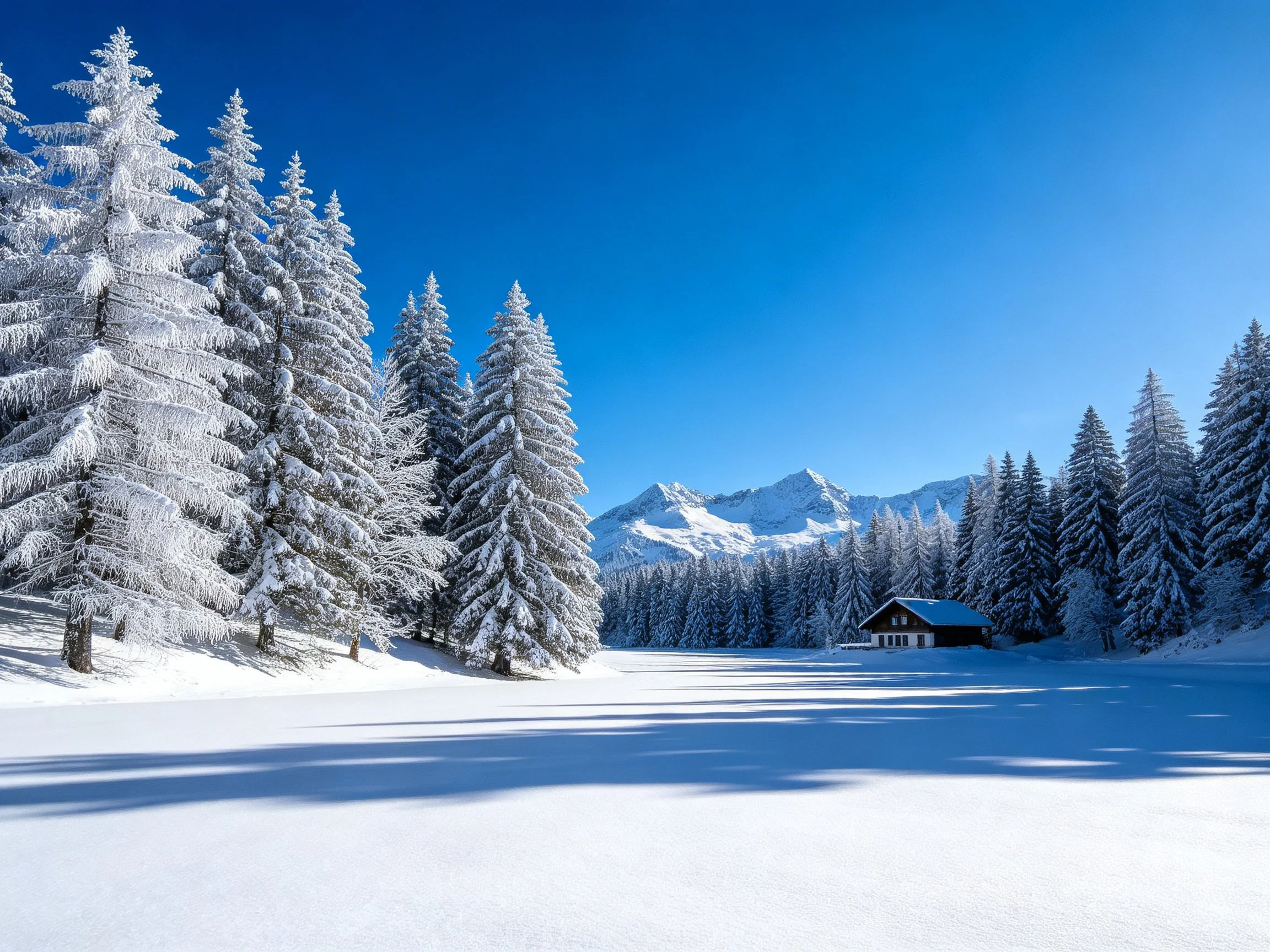 Snow-laden evergreen forest, snow-covered meadow, wooden cabin near mountain peaks