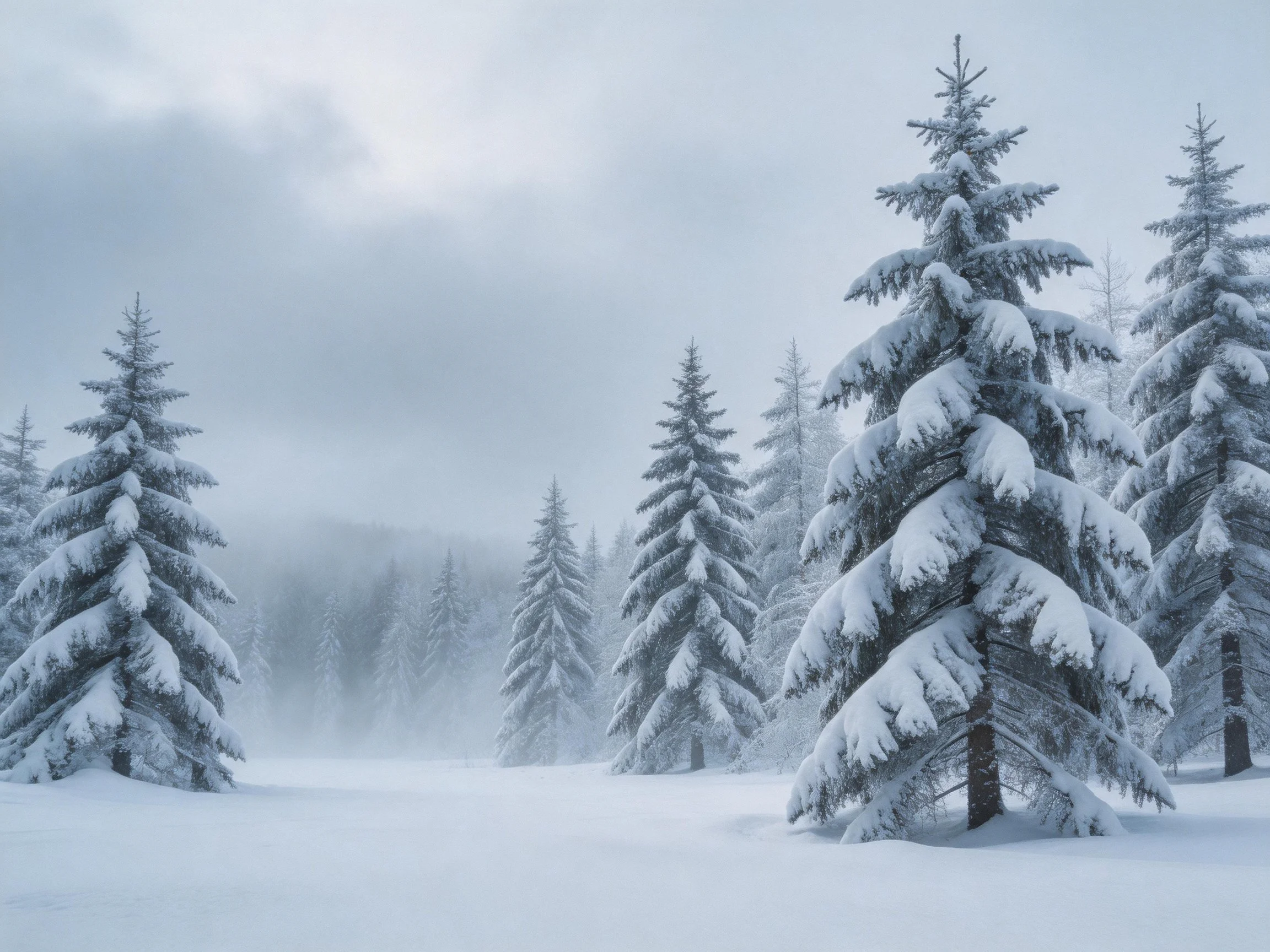 Snow-laden evergreen forest under misty gray skies