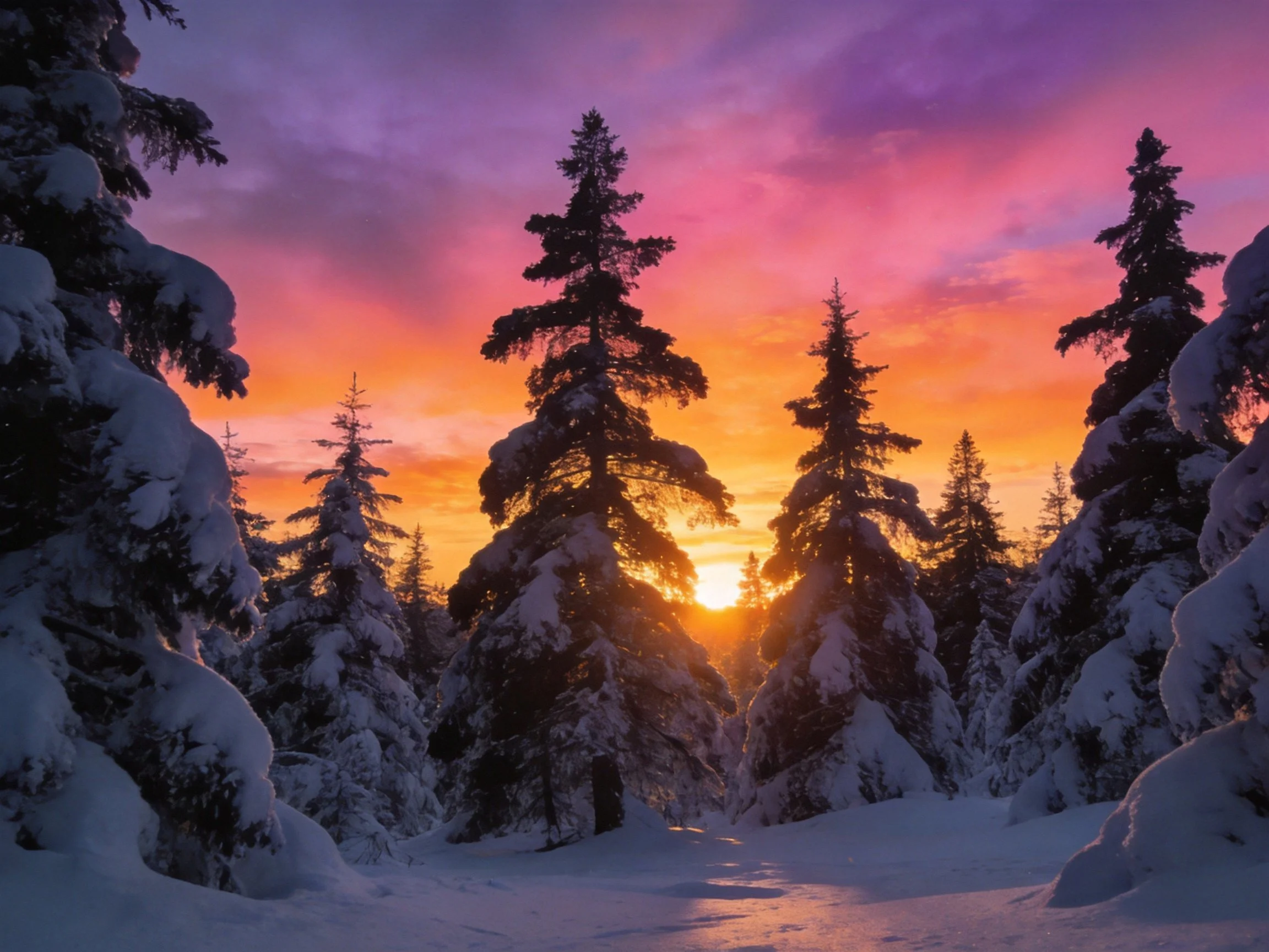 Snow-laden evergreen forest under vibrant sunset sky