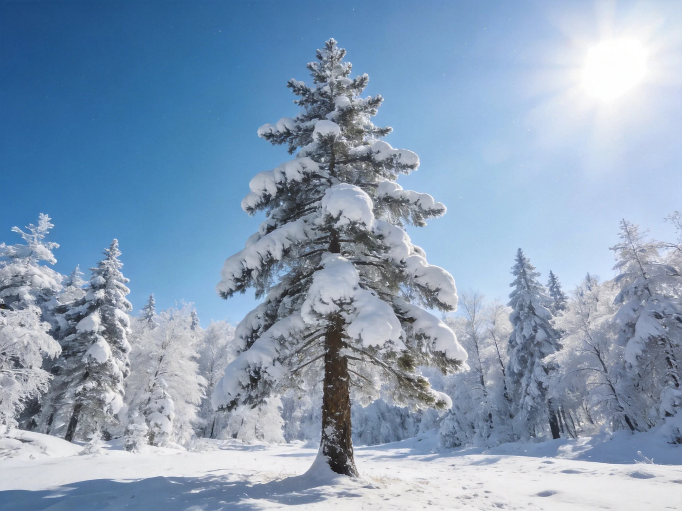 Snow-laden evergreen stands alone in clear winter landscape