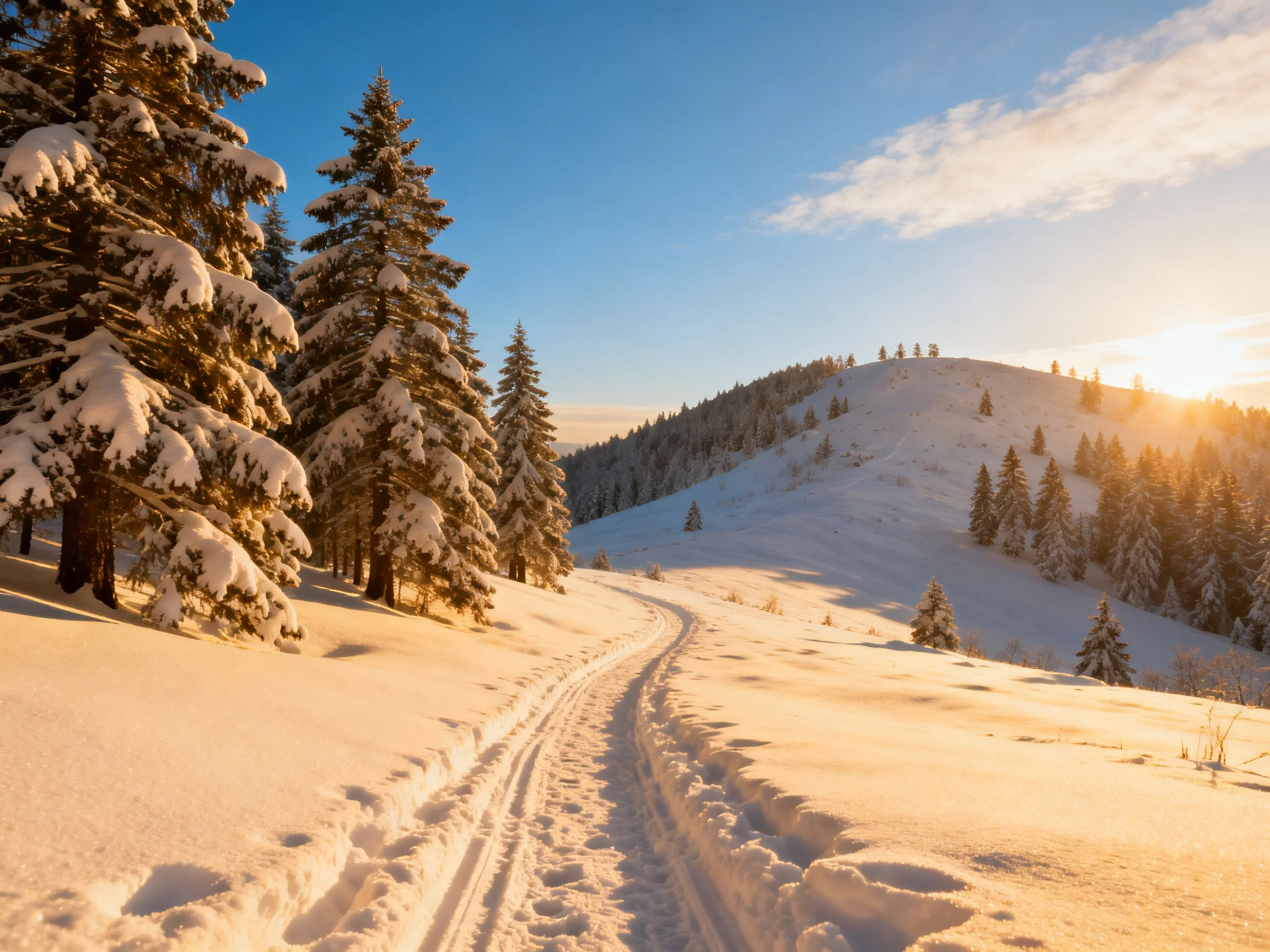 Snow-laden evergreen trees along a winding snowy trail at sunset