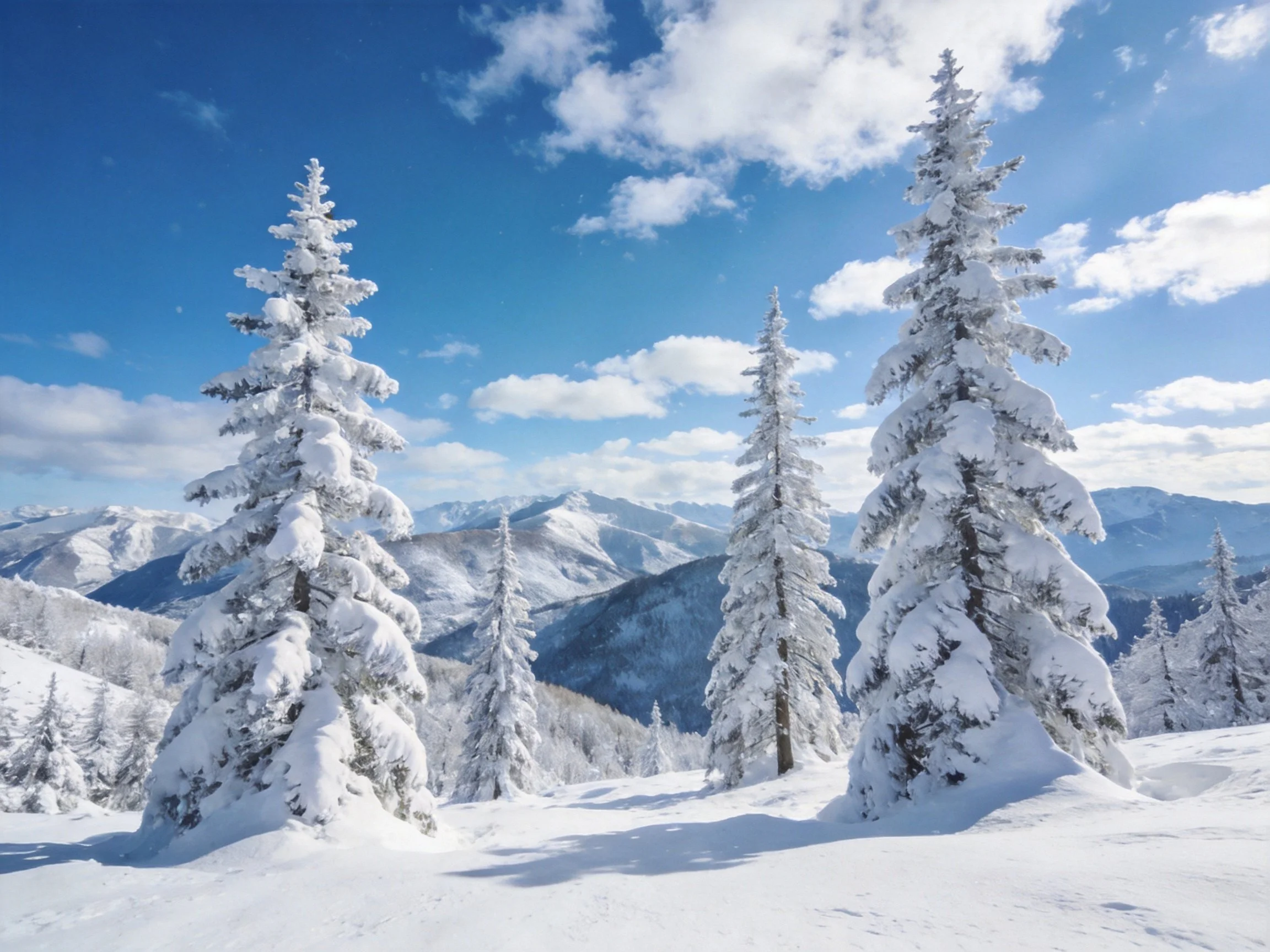 Snow-laden evergreen trees amidst mountainous winter landscape