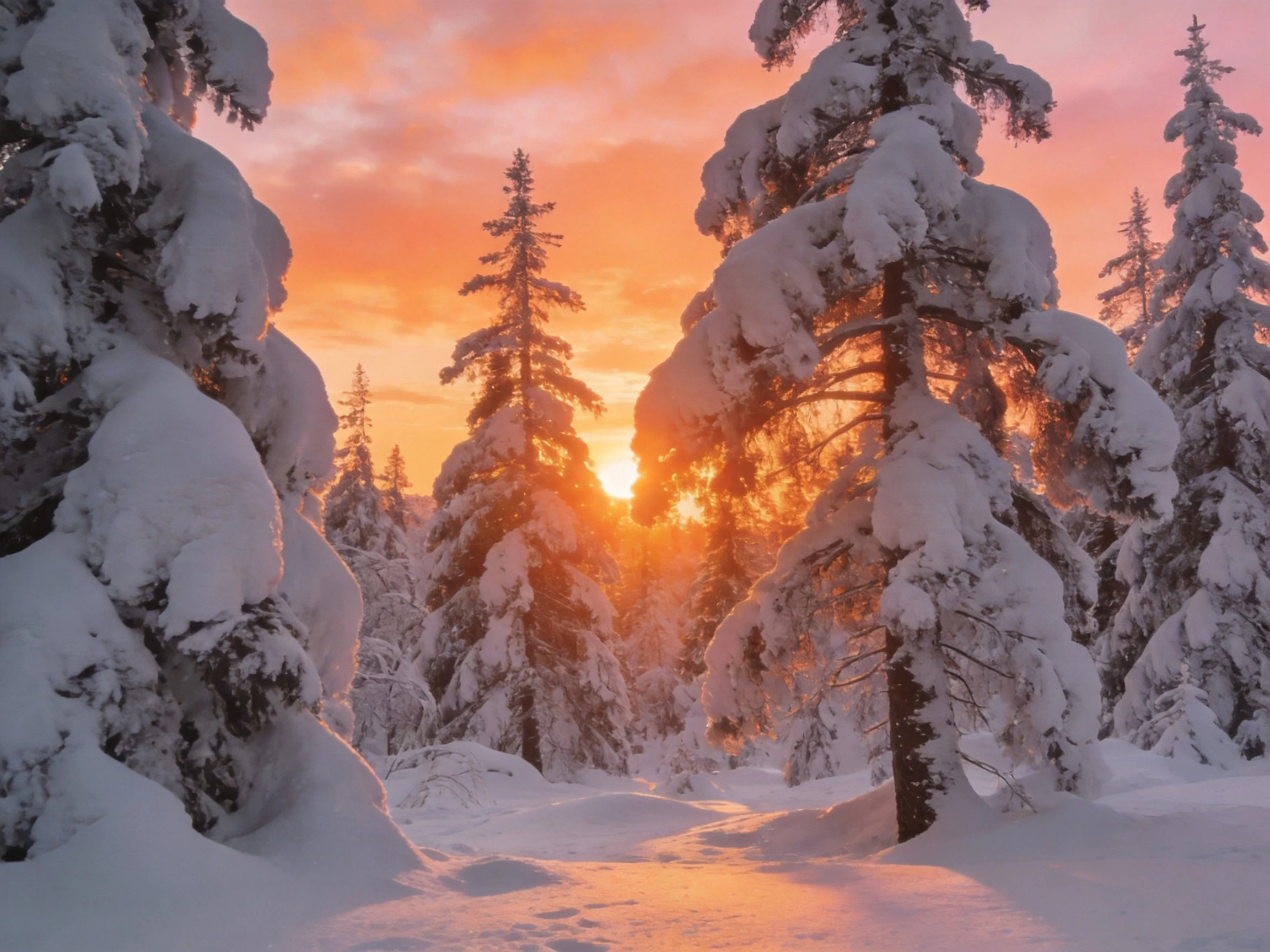 Snow-laden evergreen trees bathed in warm sunset glow