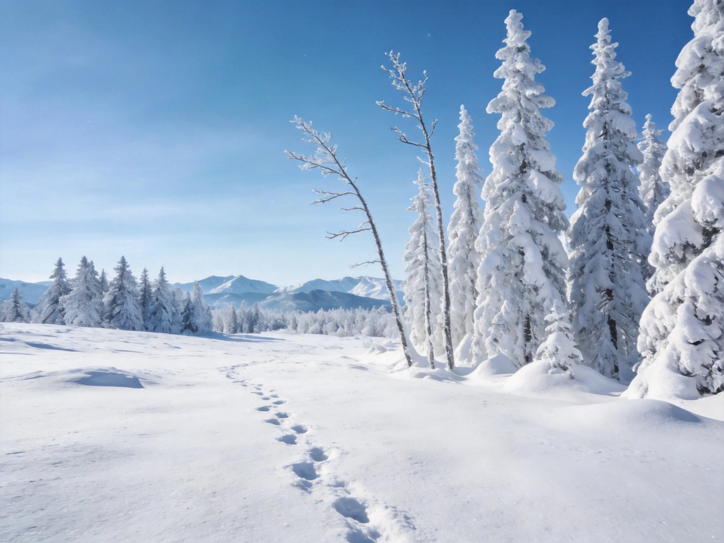 Snow-laden evergreen trees beside a snowy field with footprints under a clear blue sky
