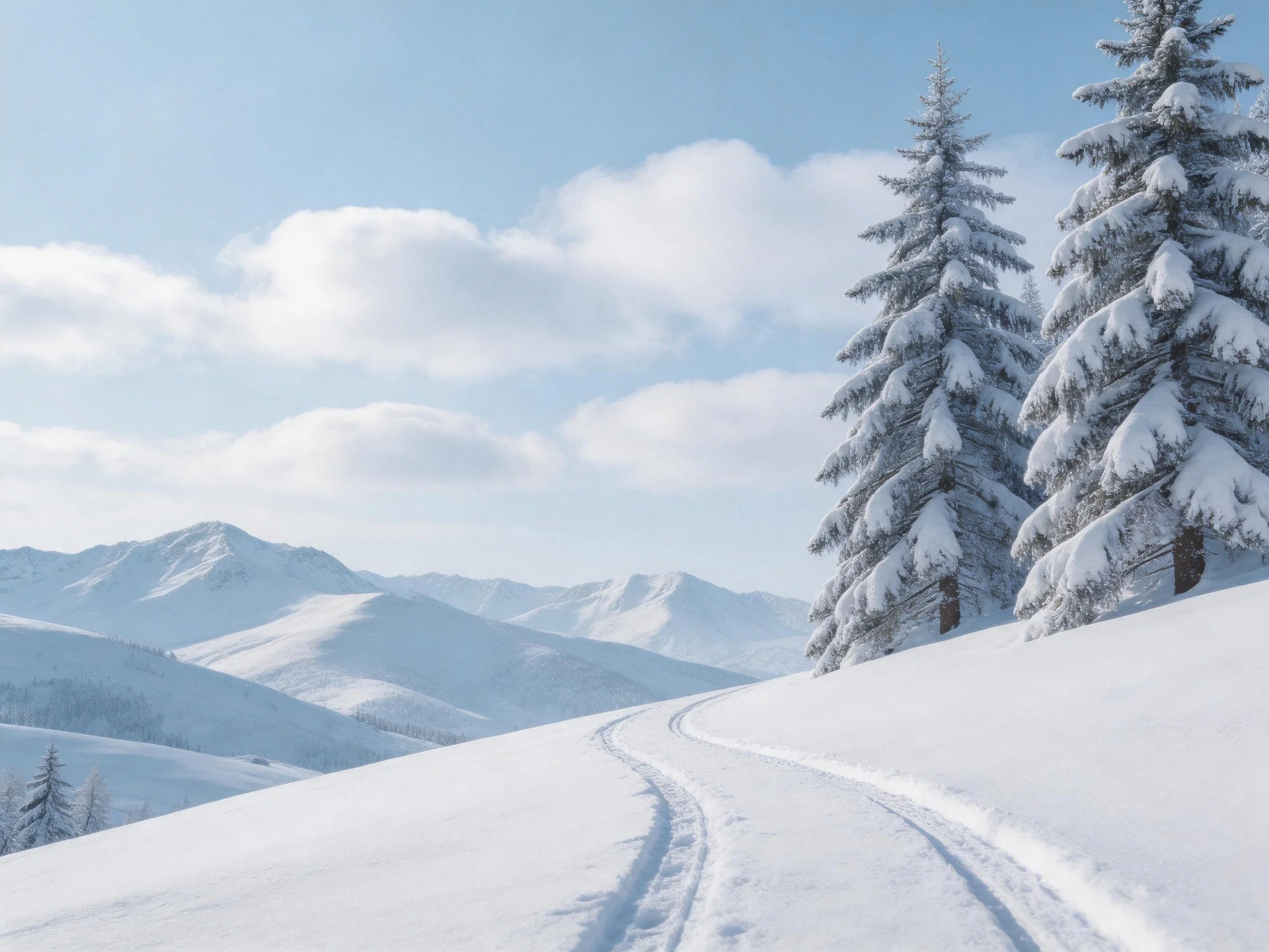 Snow-laden evergreen trees beside mountainous wintry landscape