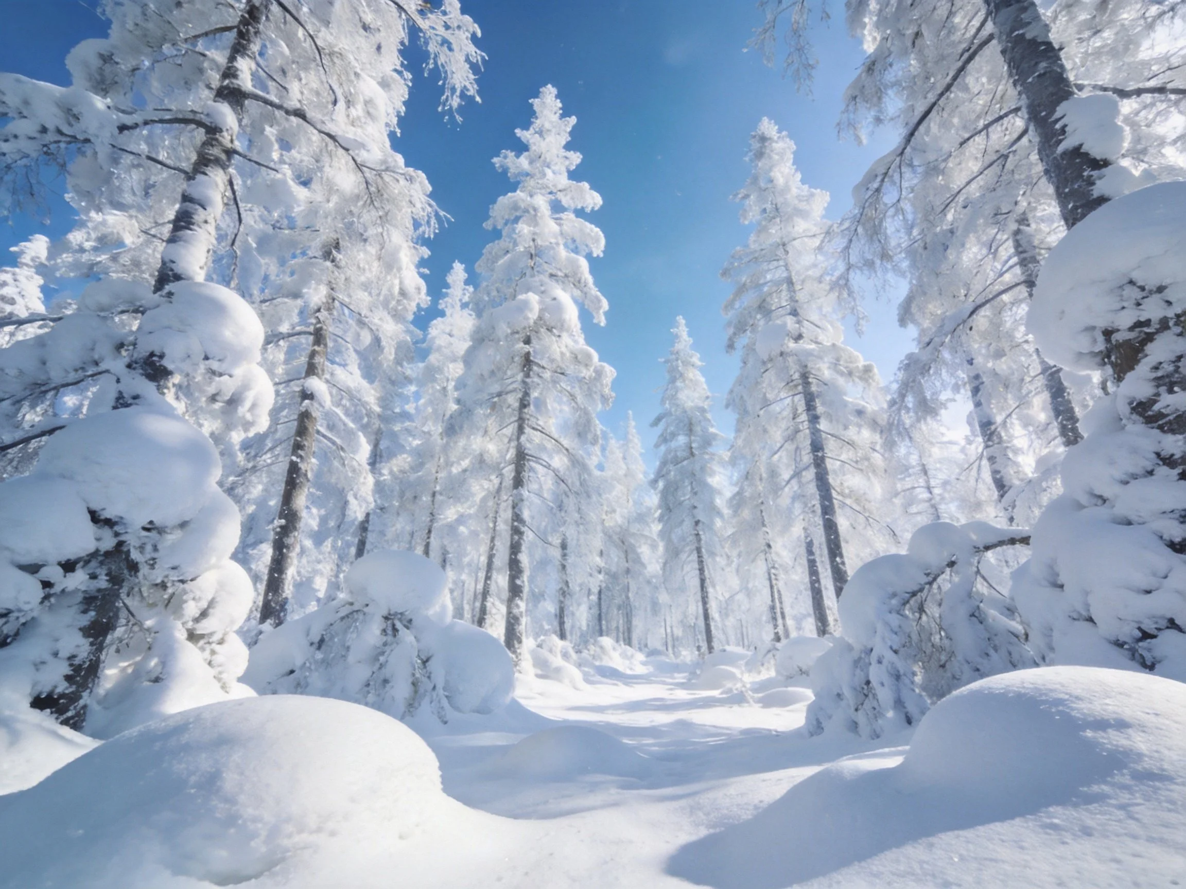 Snow-laden evergreen trees fill a bright winter forest path