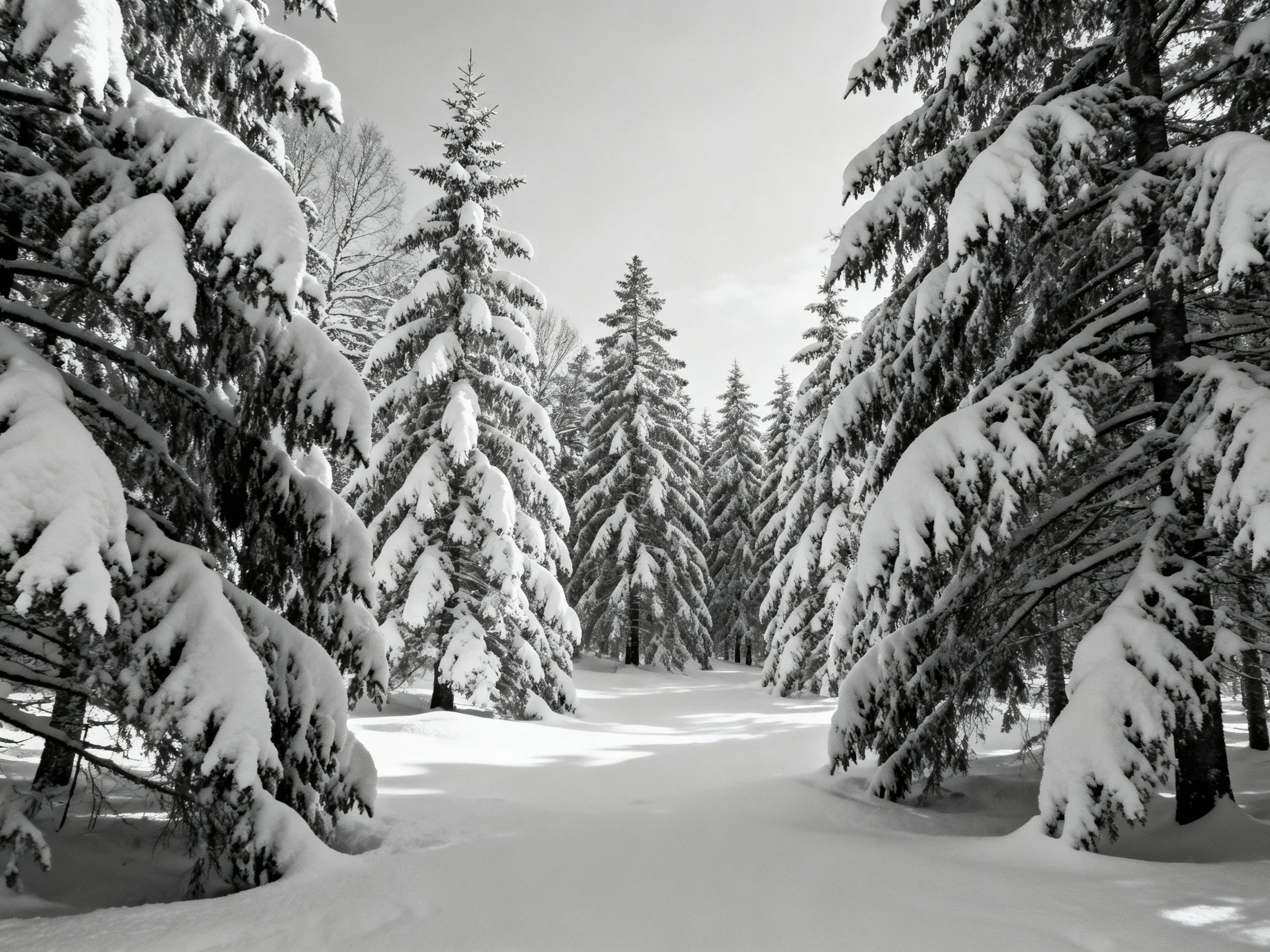 Snow-laden evergreen trees fill a sunlit winter forest clearing