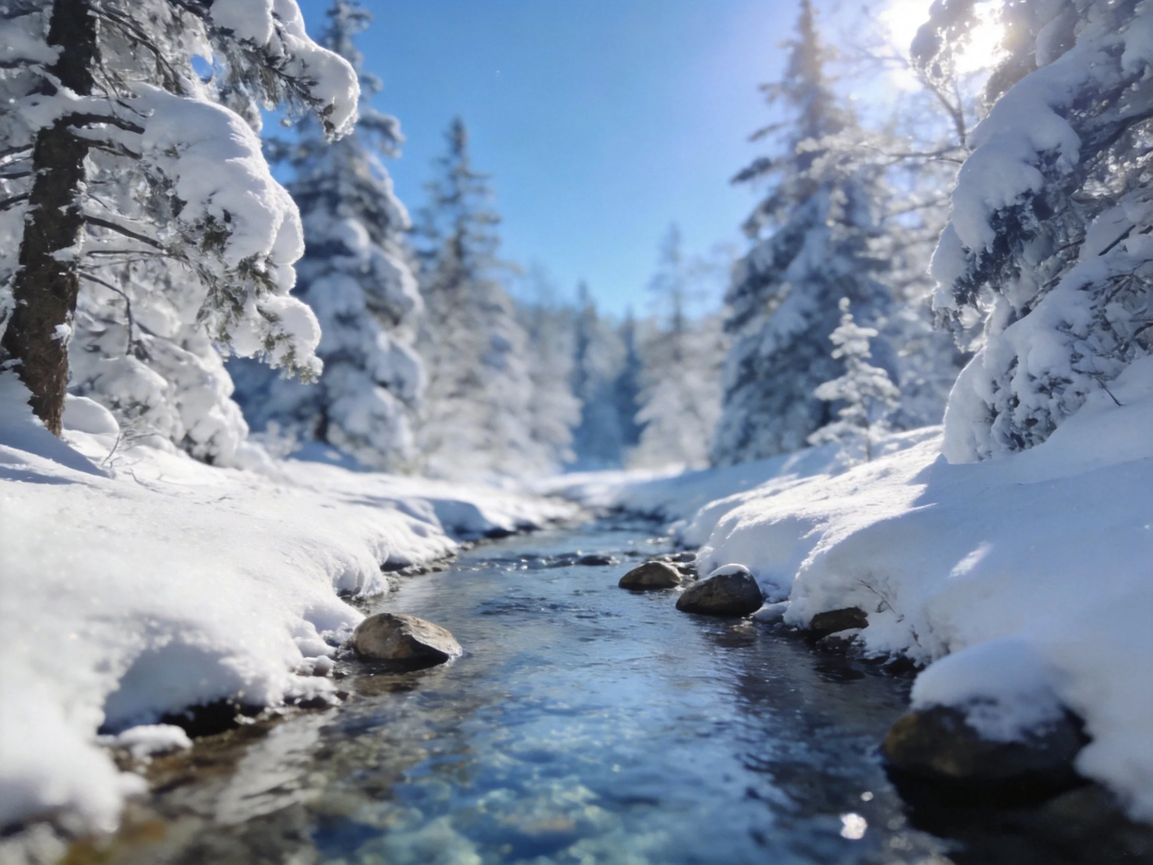 Snow-laden evergreen trees frame a clear winter stream