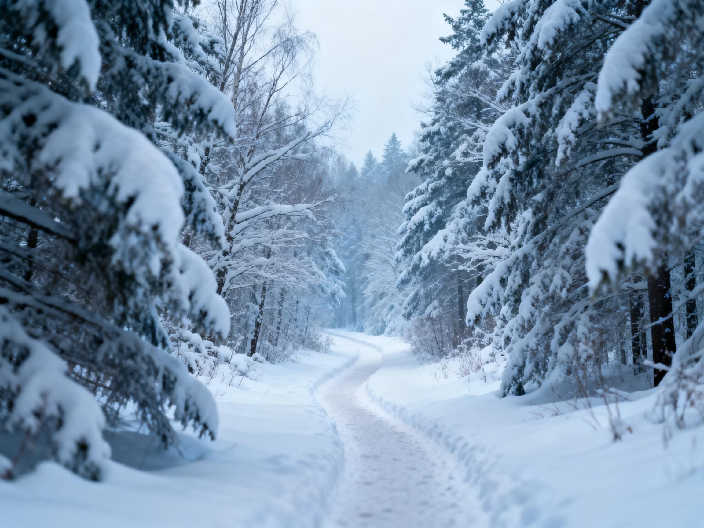 Snow-laden evergreen trees frame a winding winter path