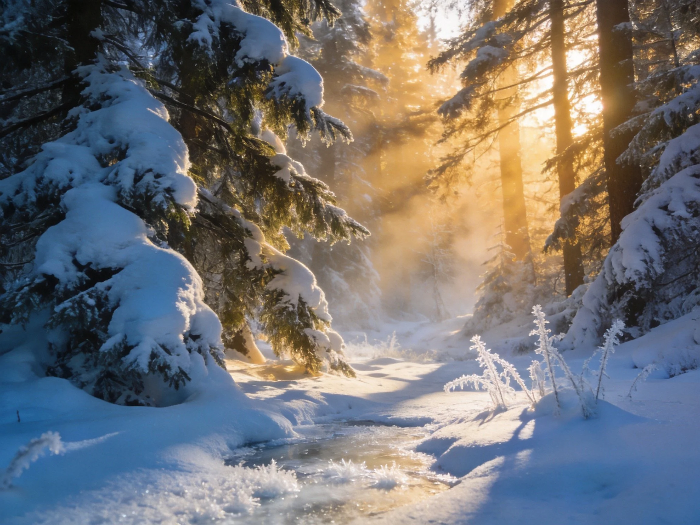 Snow-laden evergreen trees glow under golden winter sunlight