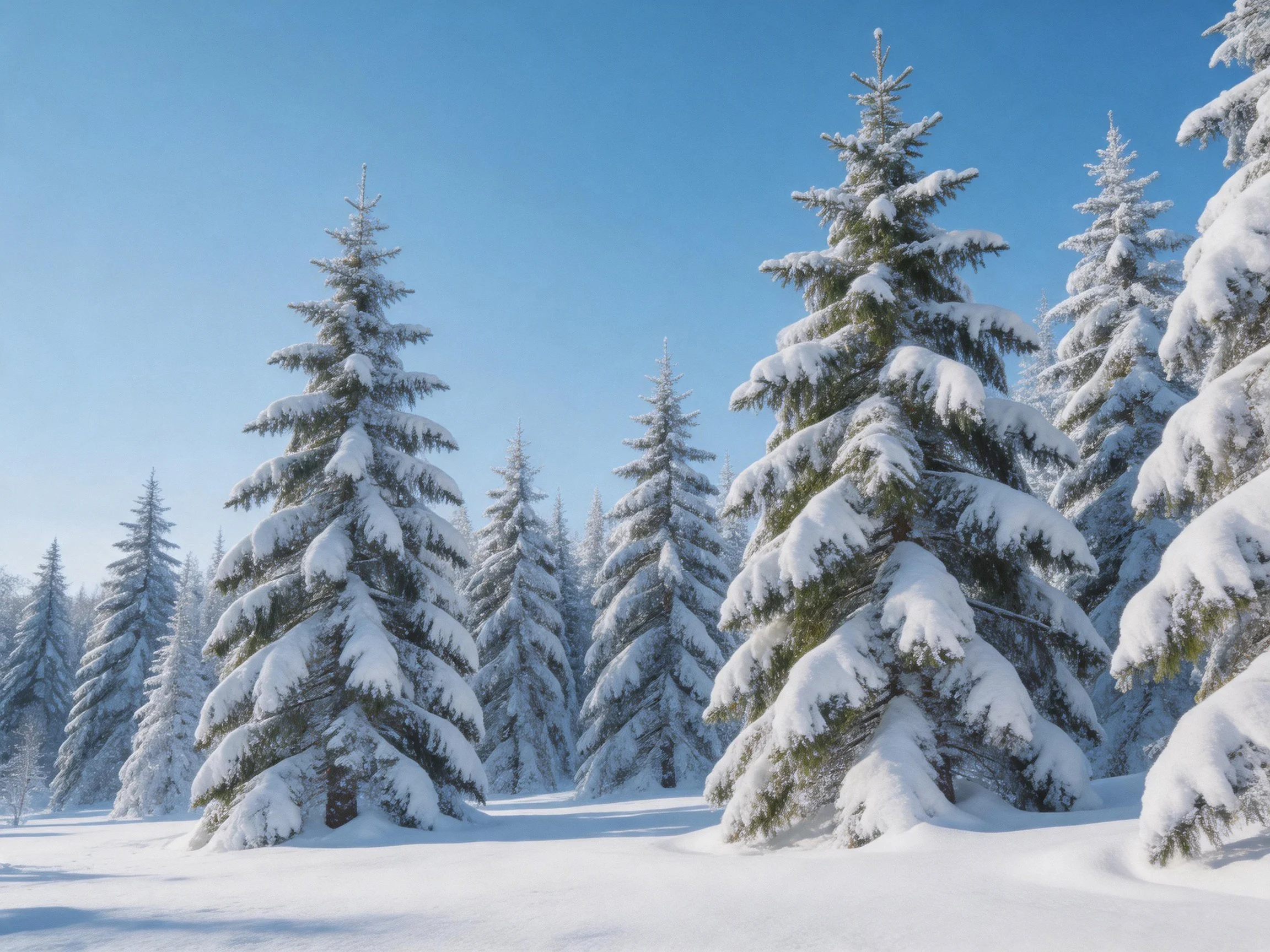 Snow-laden evergreen trees in a bright winter forest
