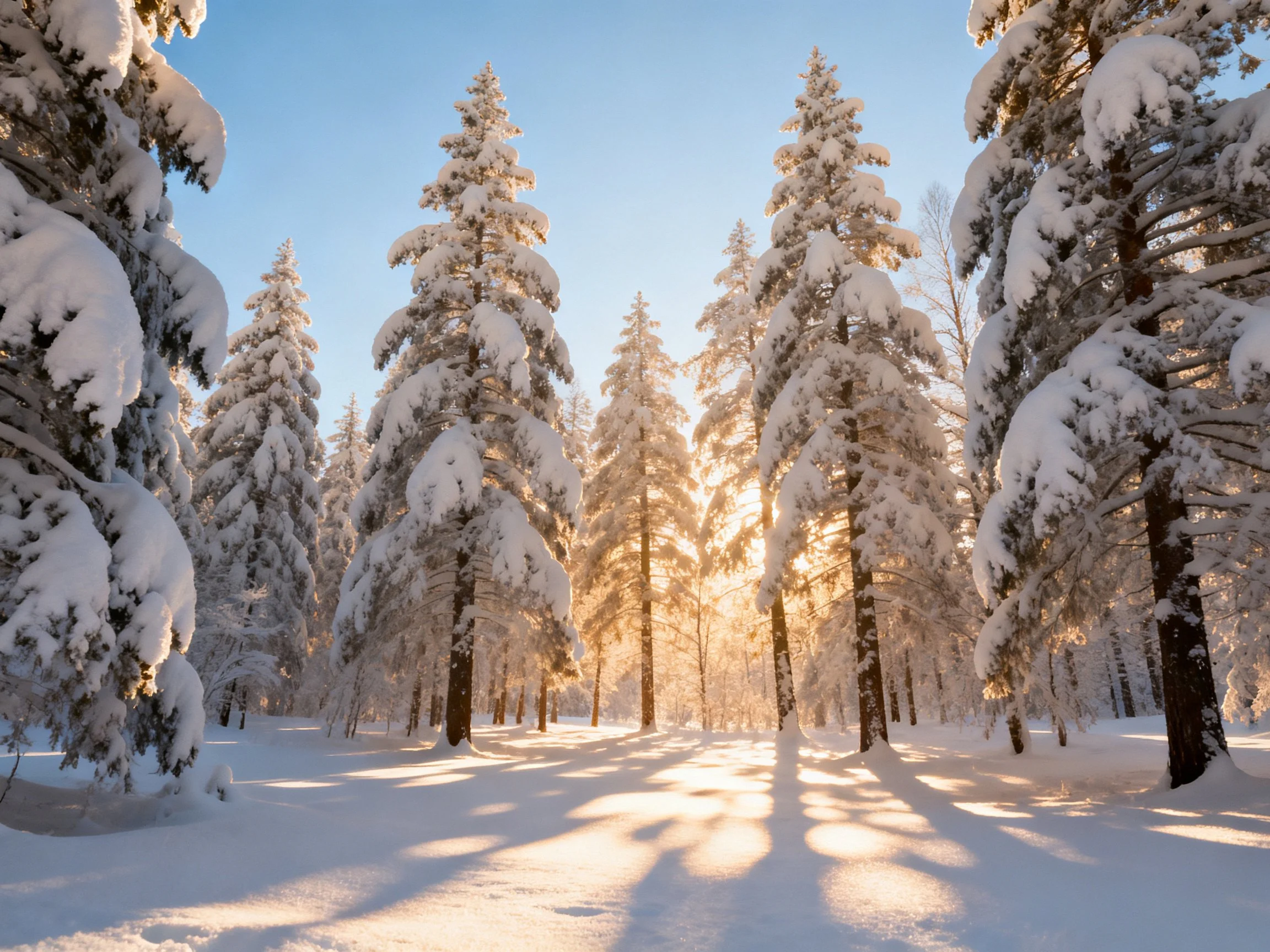 Snow-laden evergreen trees in a sunlit winter forest