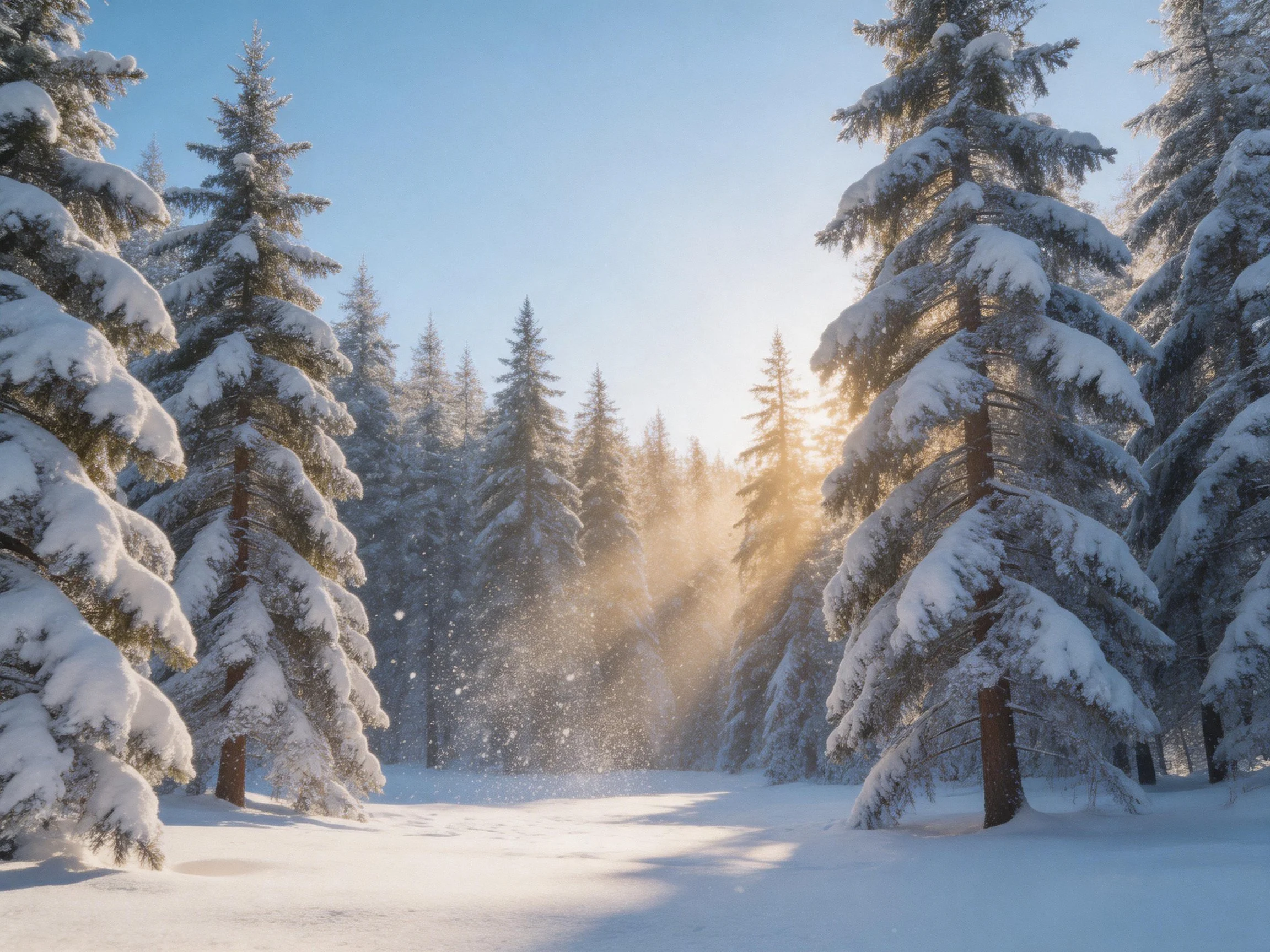 Snow-laden evergreen trees in a sunlit winter forest