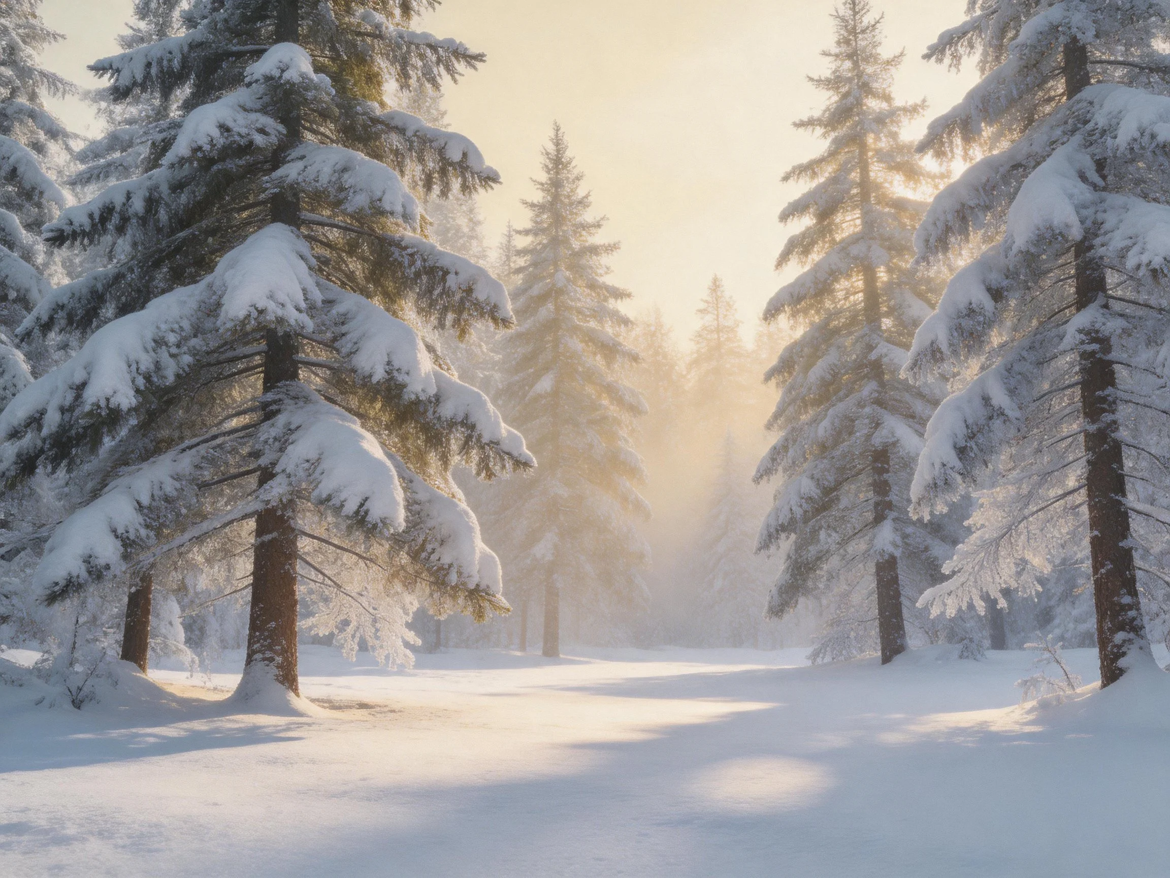 Snow-laden evergreen trees in sun-dappled winter forest