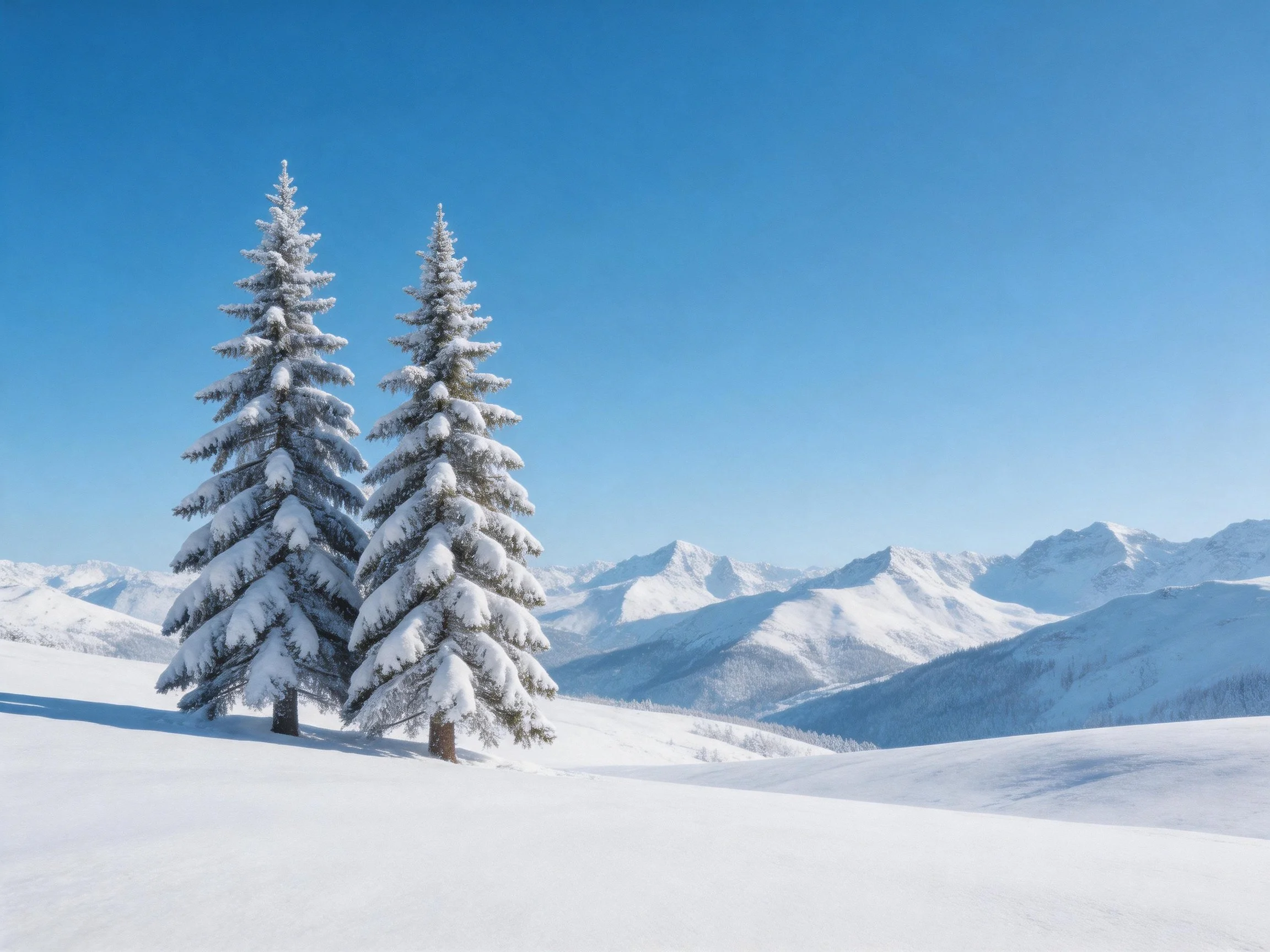 Snow-laden evergreen trees near snowy mountain peaks under clear blue sky