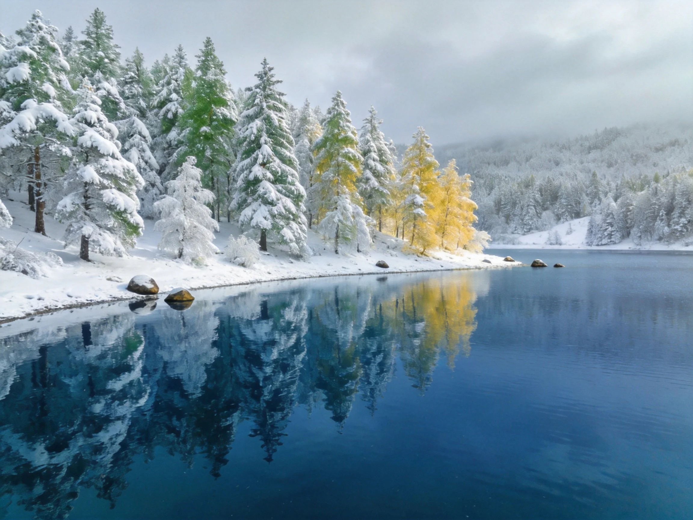 Snow-laden evergreen trees reflect in a tranquil blue lake