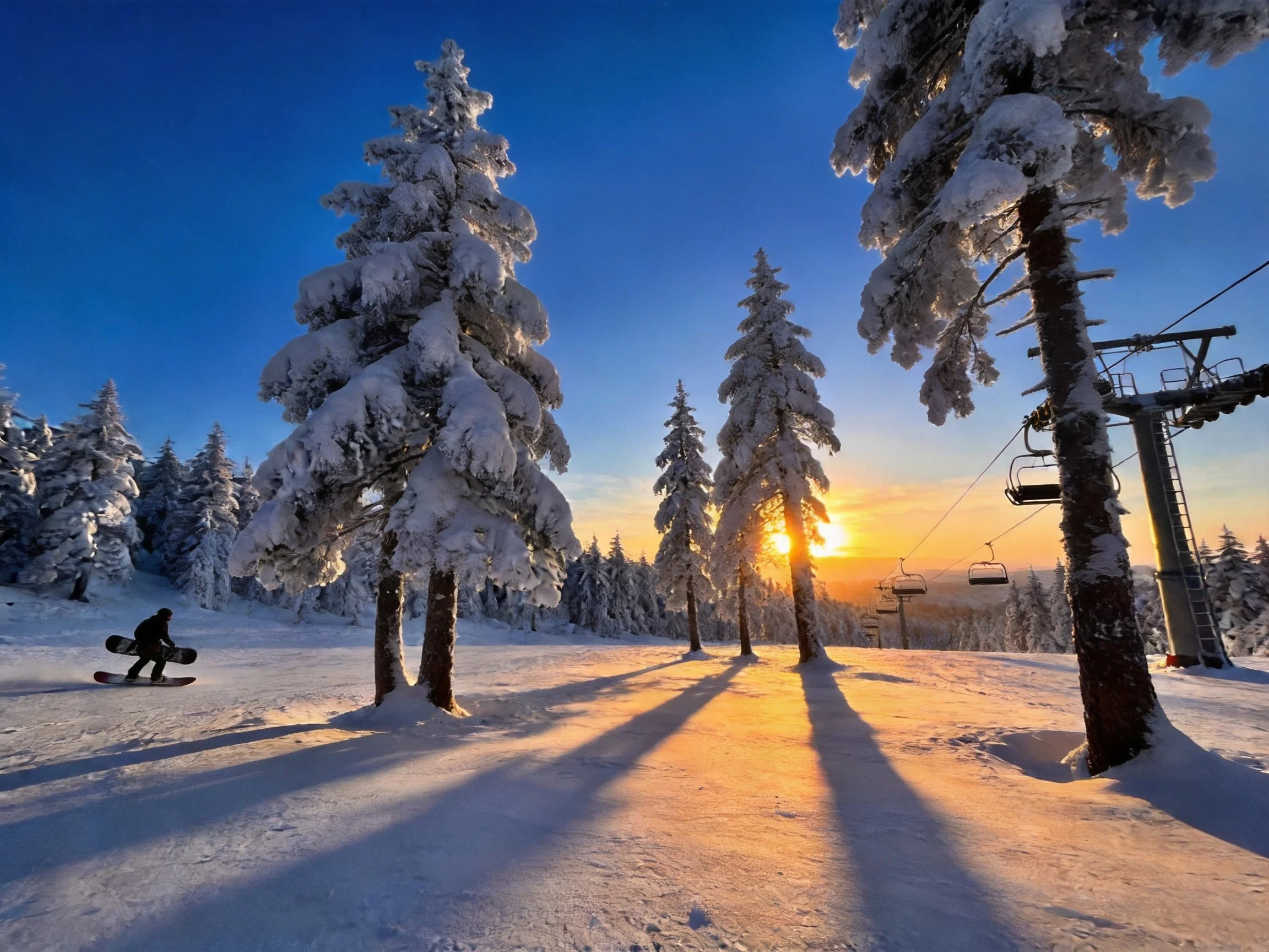 Snow-laden evergreen trees, ski lift, skier at golden hour