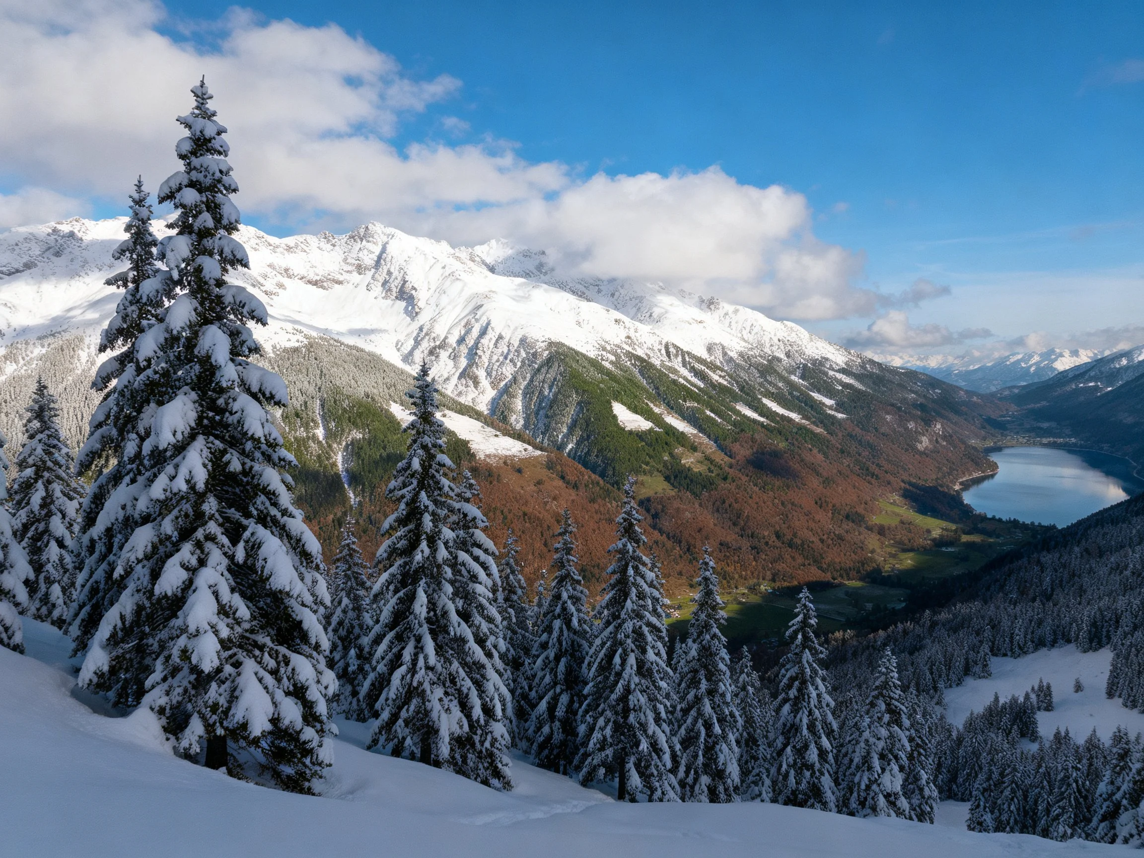Snow-laden evergreens frame majestic white-capped mountains and a glacial valley