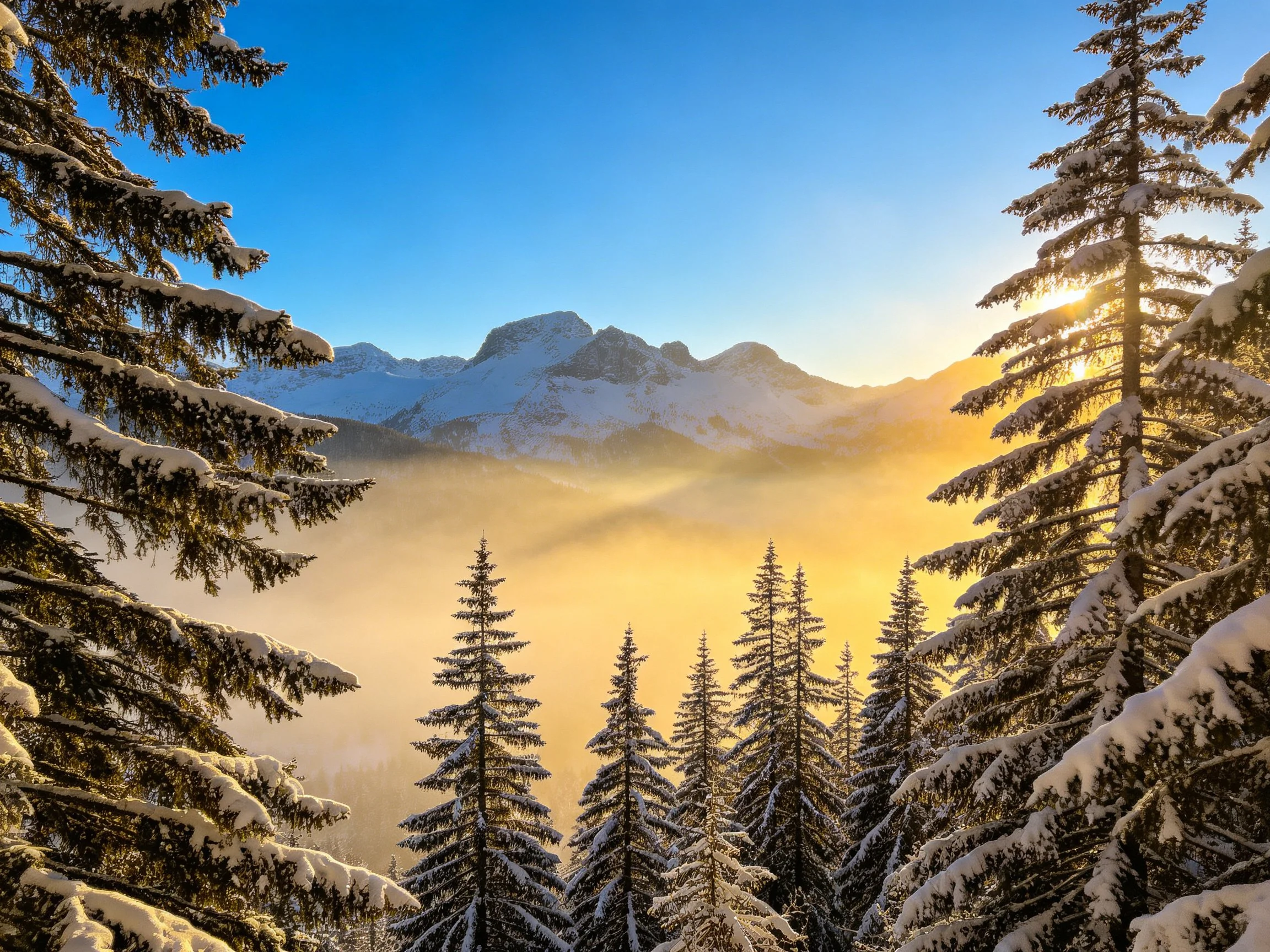 Snow-laden evergreens frame mountain peaks at golden hour