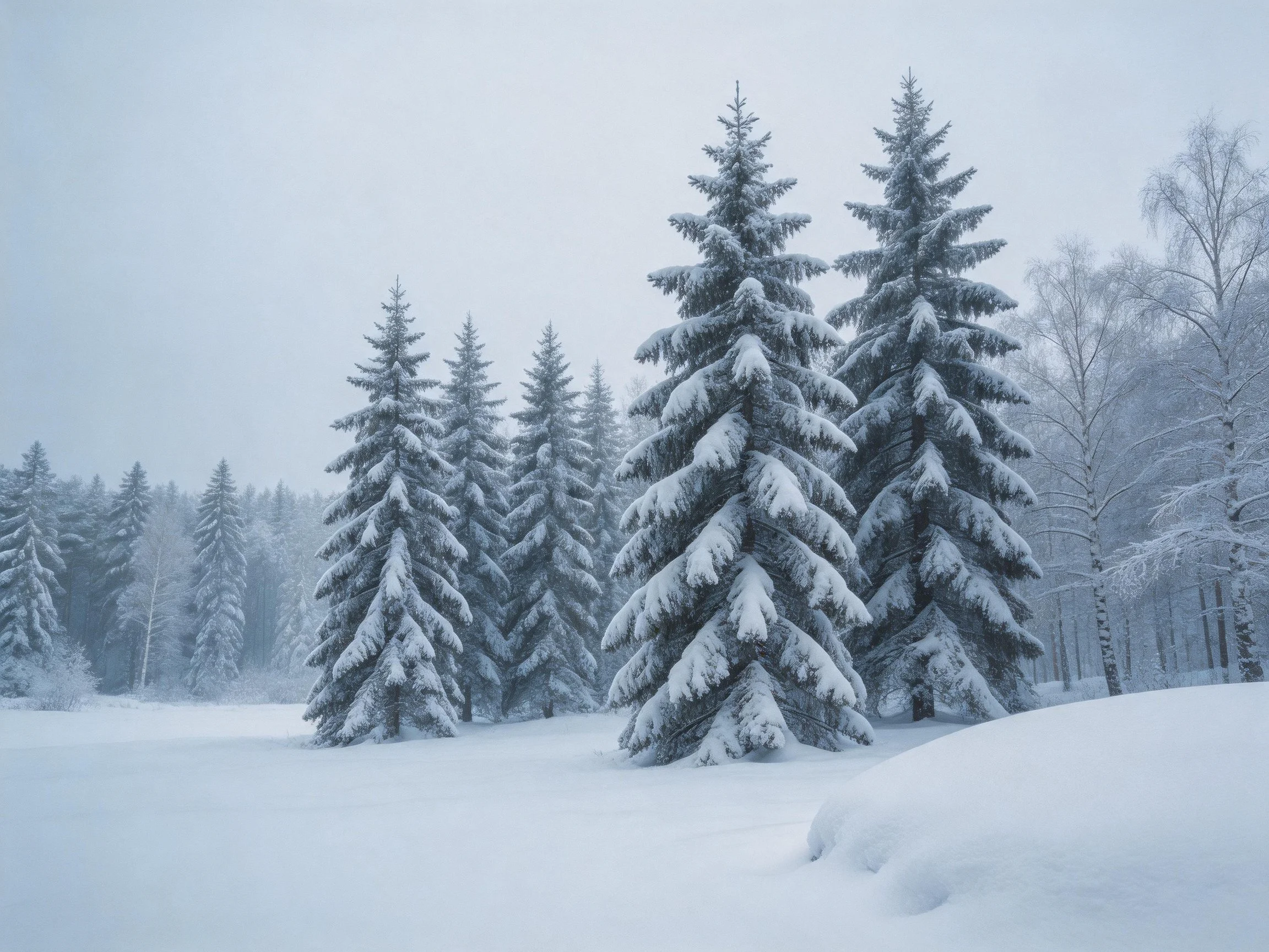 Snow-laden evergreens stand in a quiet winter forest