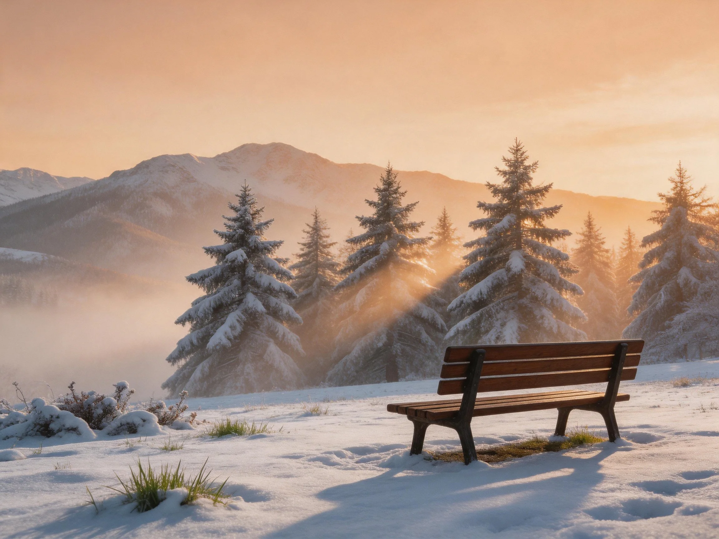 Snow-laden evergreens, wooden bench, mountain under golden sunrise