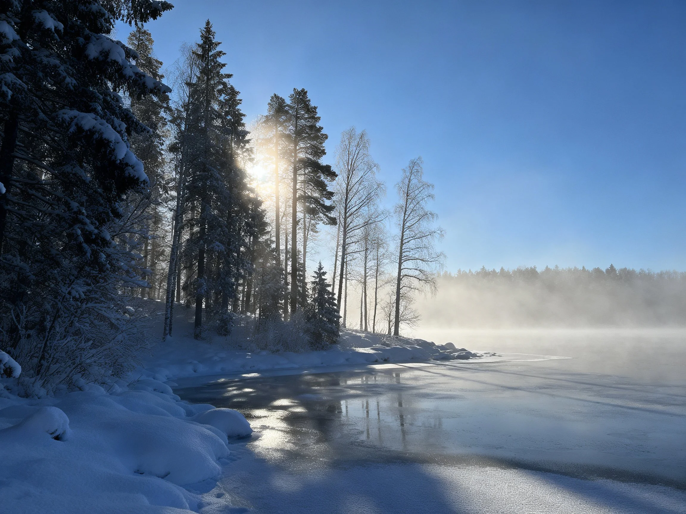 Snow-laden forest edge beside frozen lake with morning sunlight