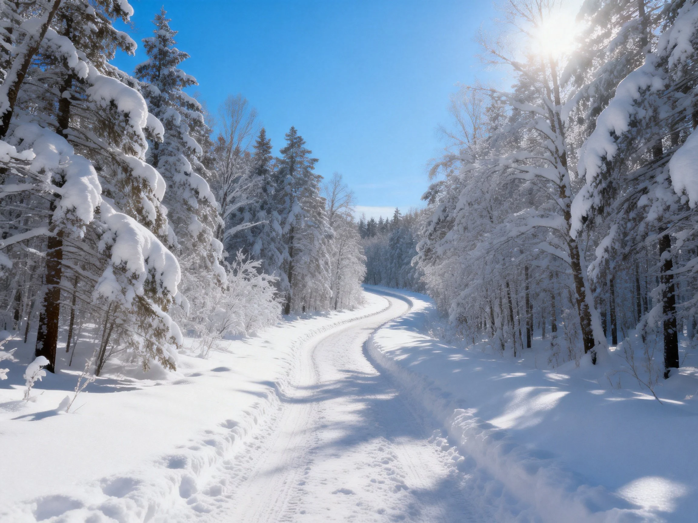 Snow-laden forest path winding under clear blue sky