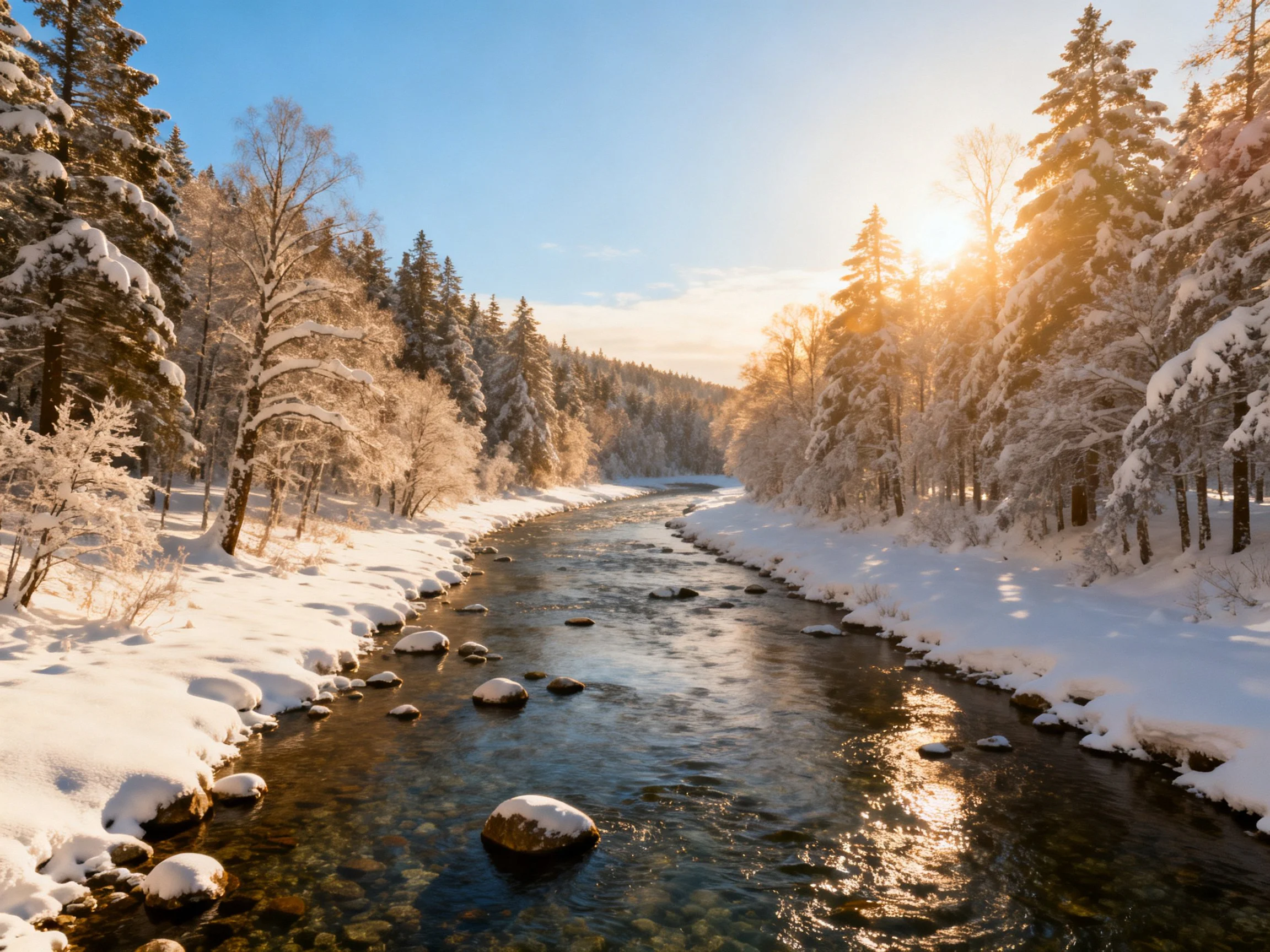 Snow-laden forest with a winding river under golden sunlight