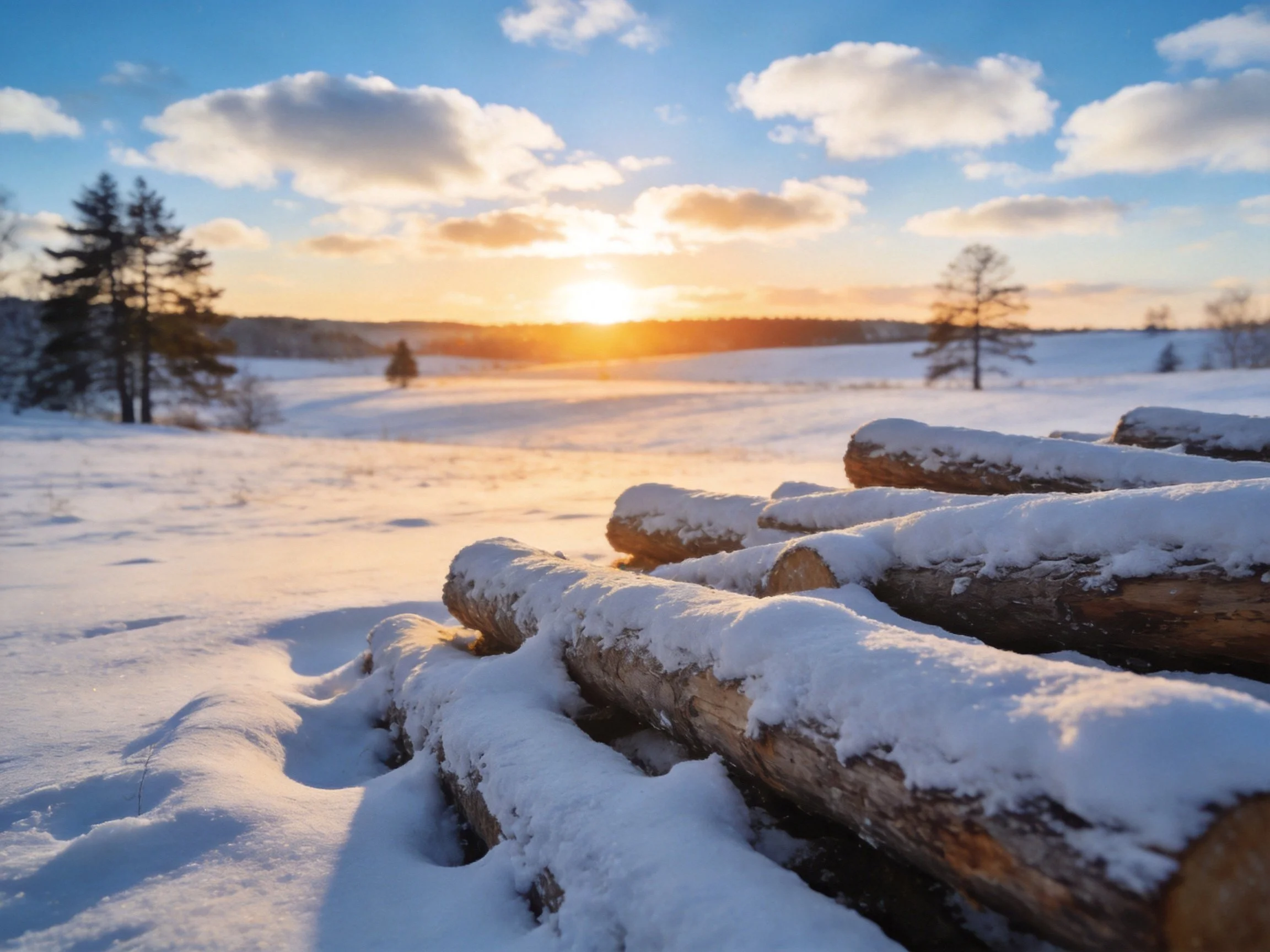 Snow-laden logs in a sunlit winter landscape with trees
