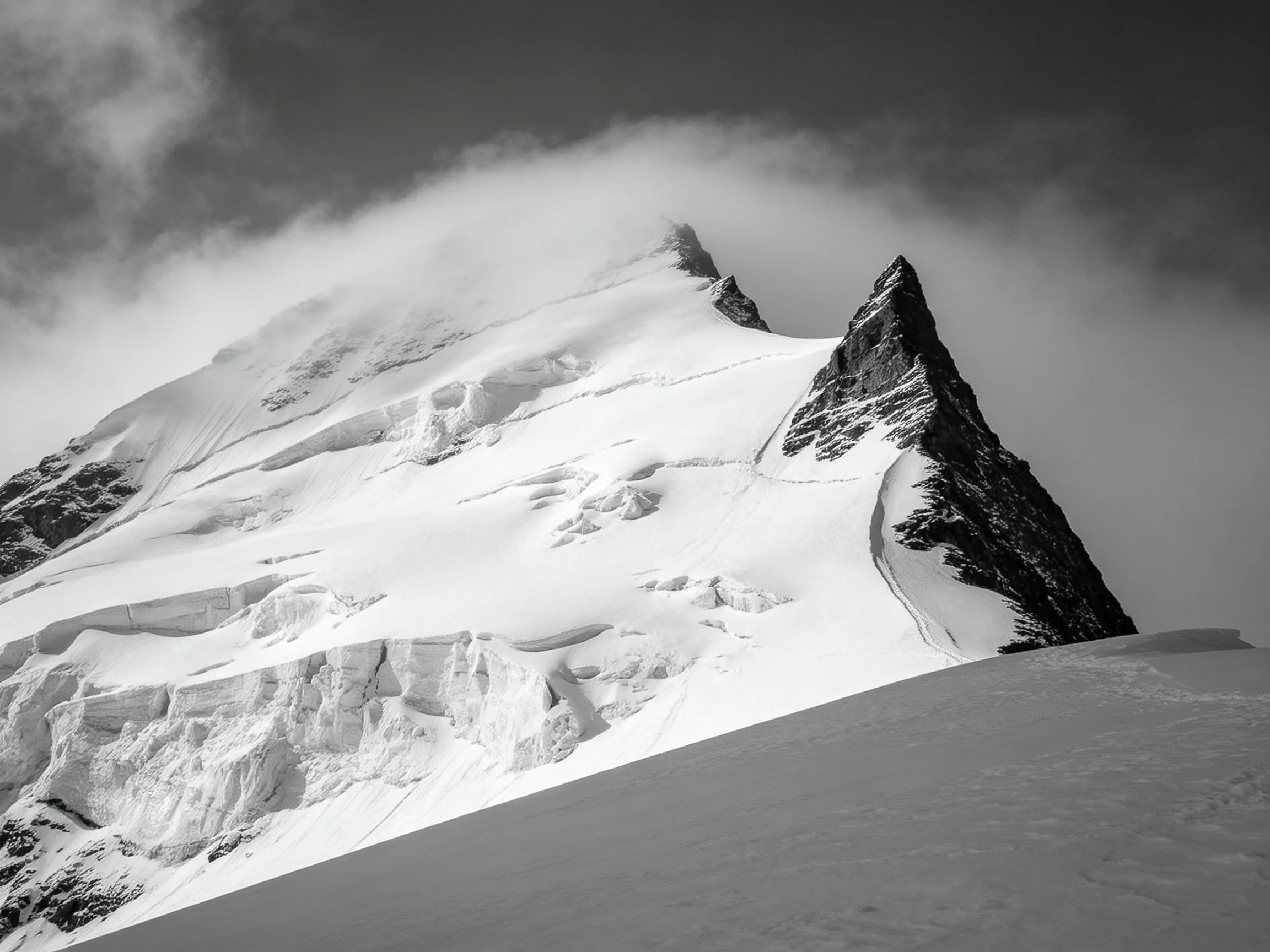 Snow-laden mountain peak shrouded by misty clouds