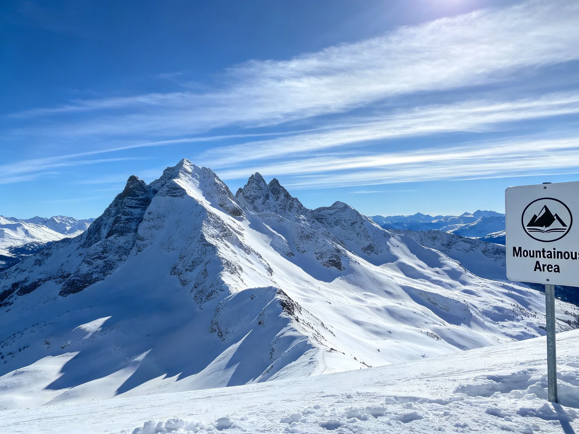 Snow-laden mountain peaks beneath clear blue sky near a sign