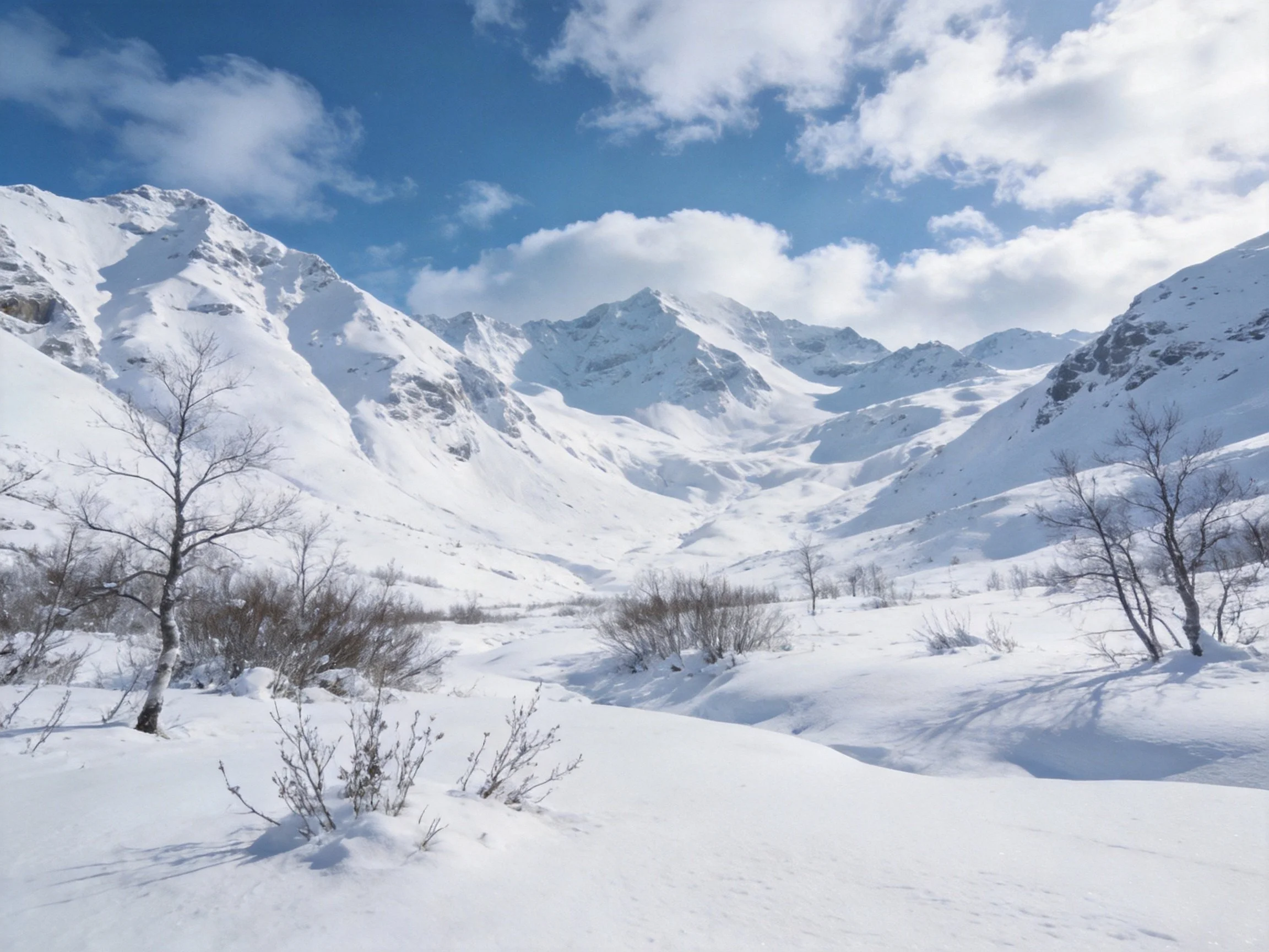 Snow - laden mountain valley under bright blue sky