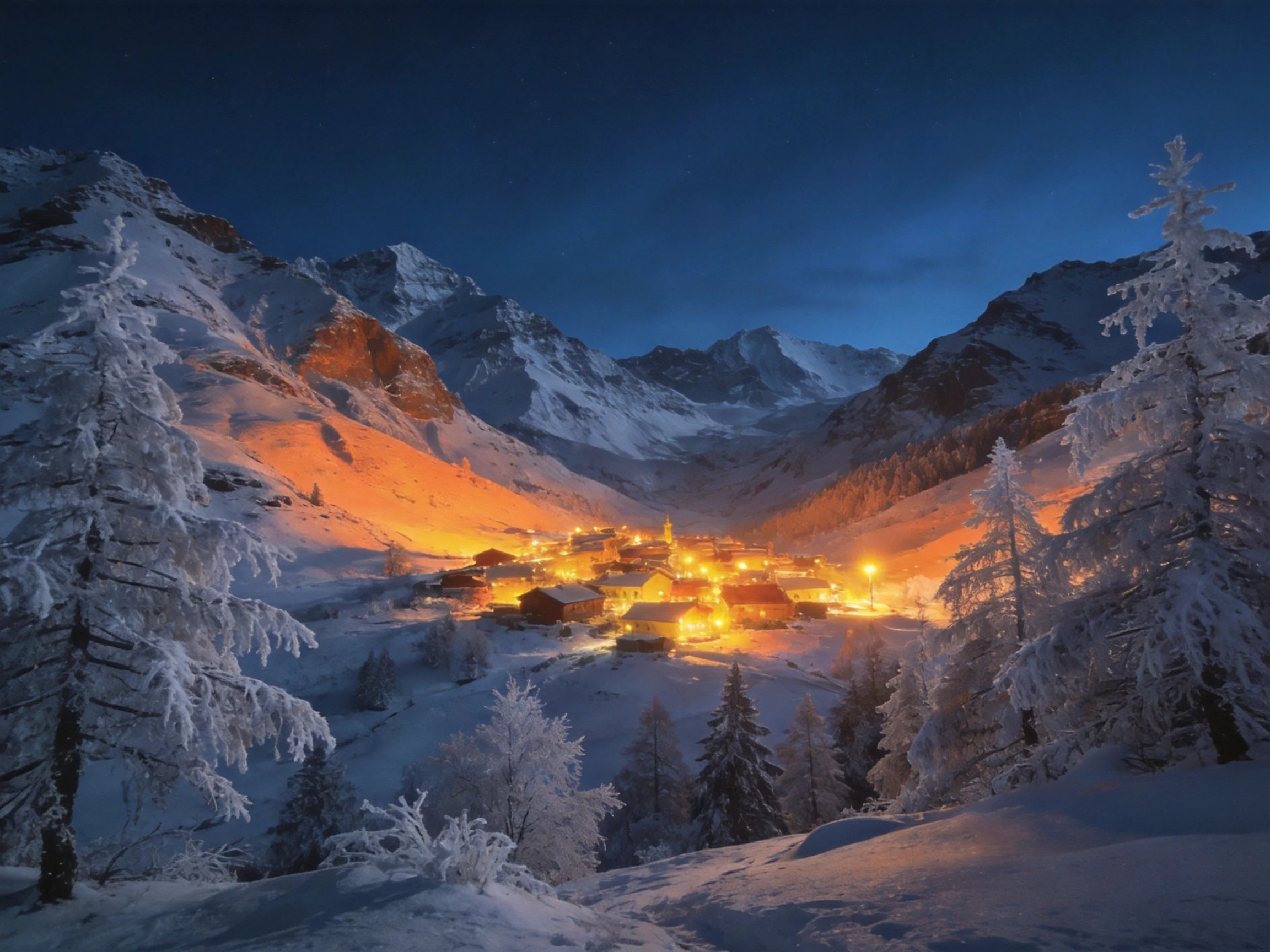 Snow-laden peaks encircle a glowing village in twilight