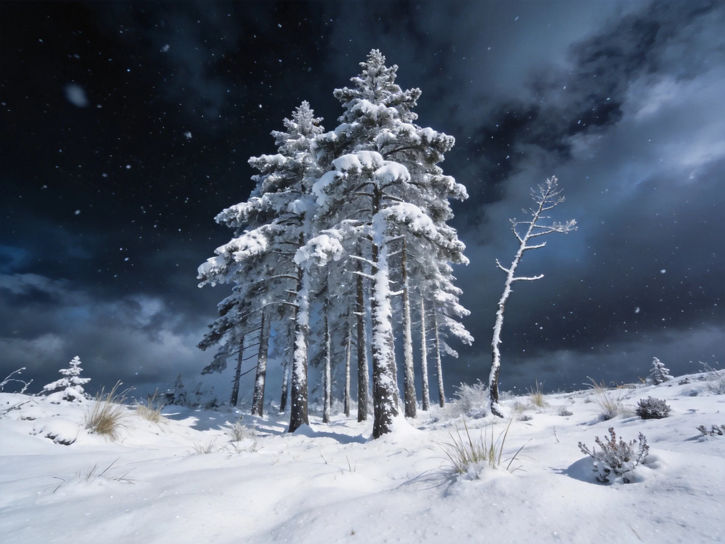 Snow-laden pine cluster under brooding night sky