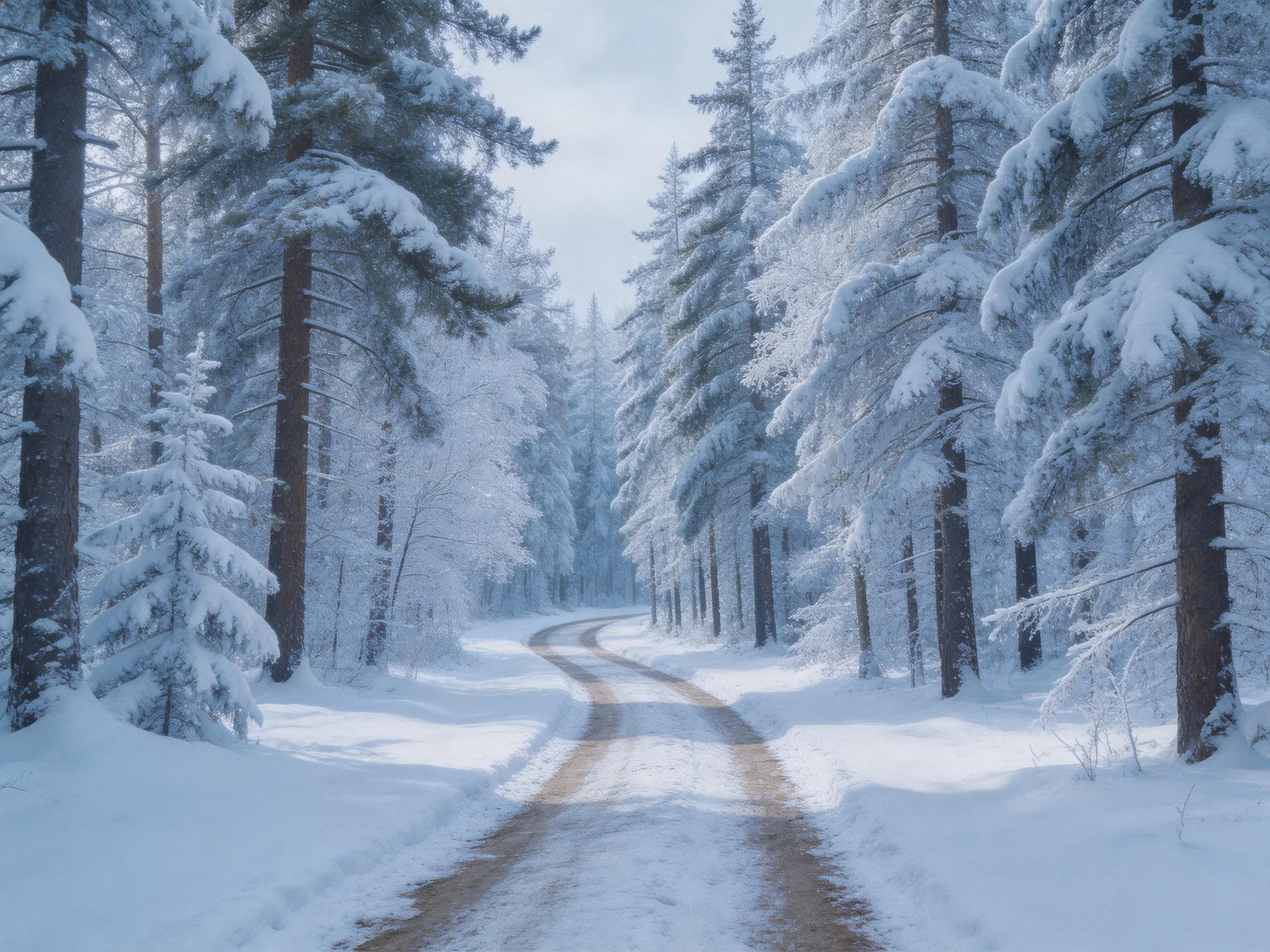 Snow-laden pine forest with winding dirt road