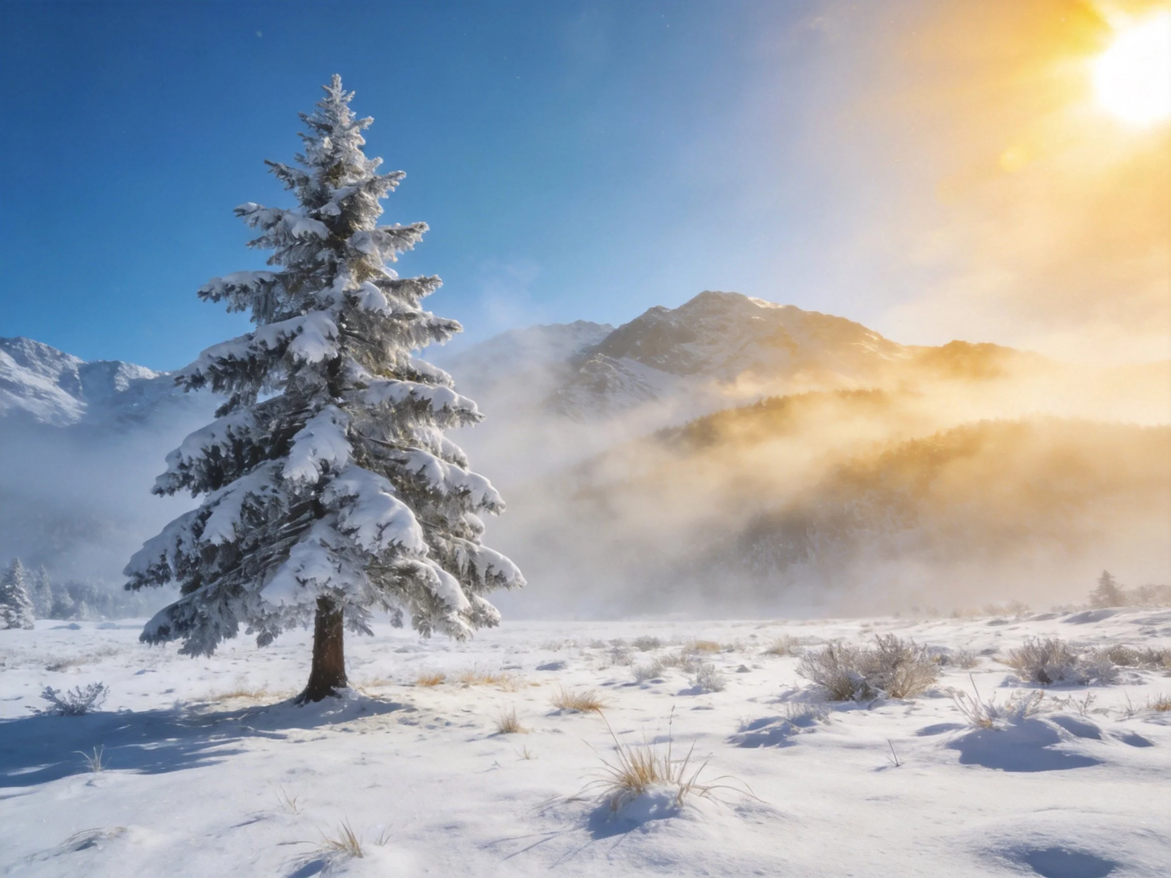 Snow-laden pine tree in bright winter mountain landscape