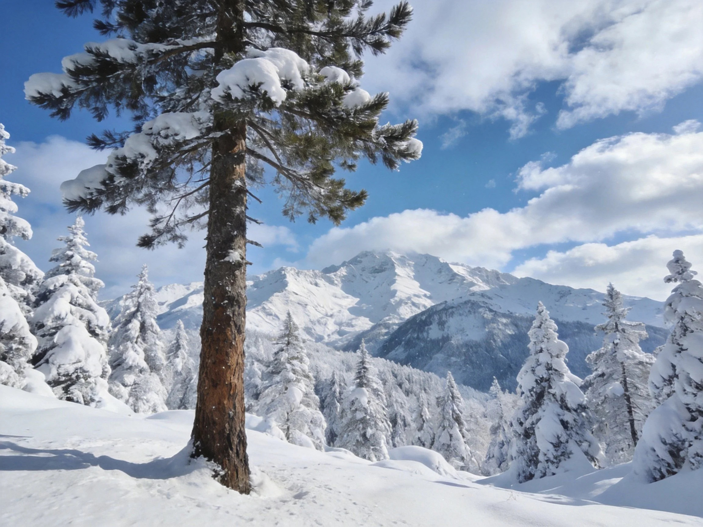 Snow-laden pine trees amidst vast snowy mountain terrain