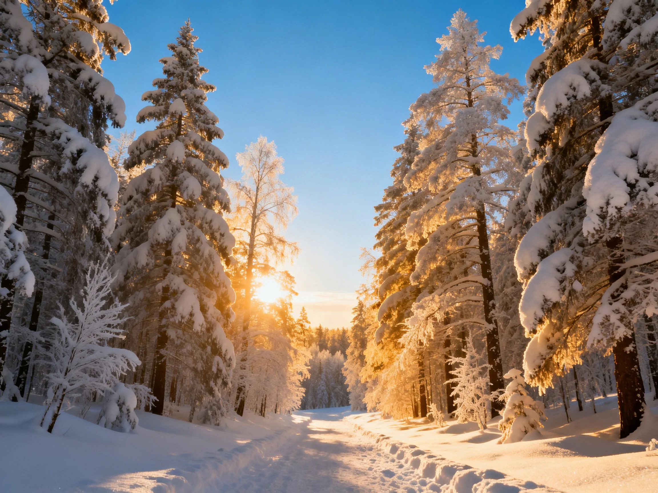 Snow-laden pine trees illuminated by golden sunlight