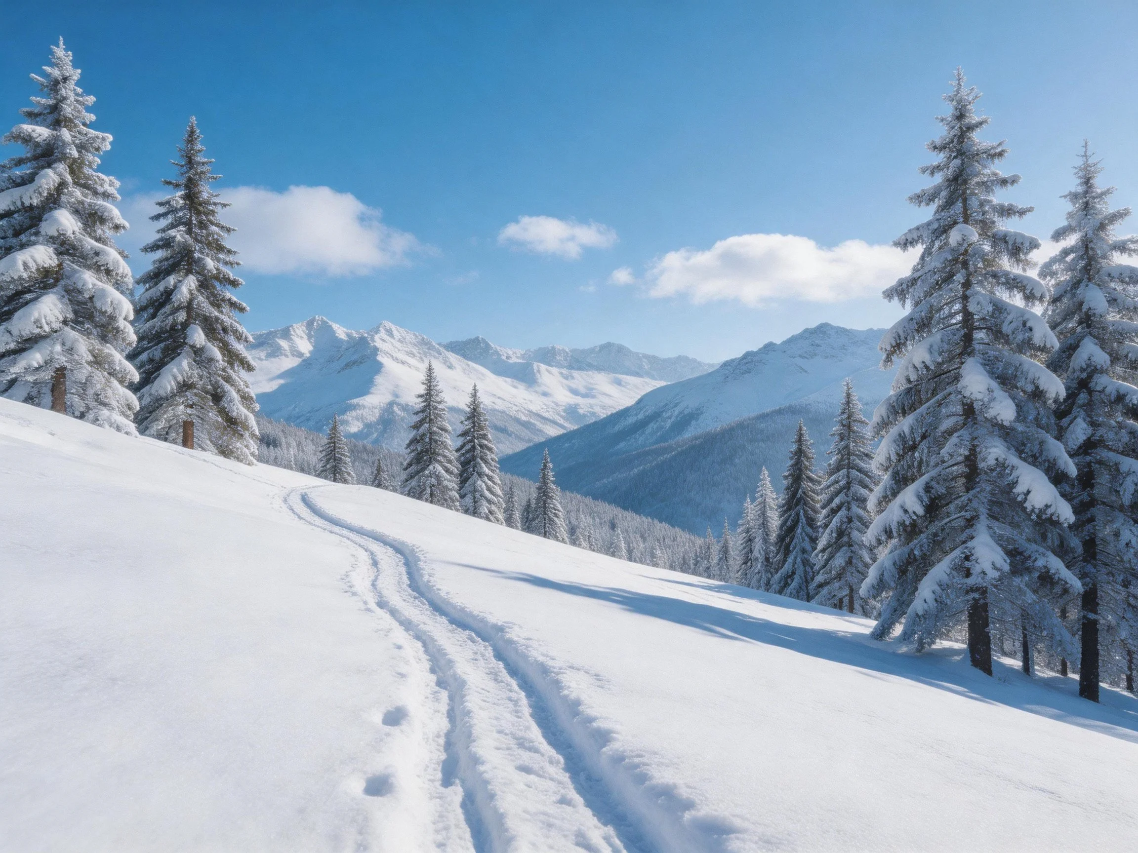 Snow-laden pine trees, winding ski track, mountain range under clear blue sky