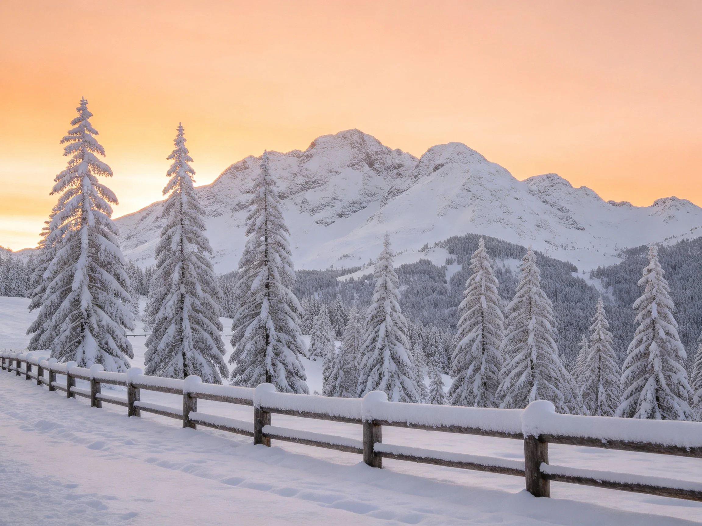 Snow-laden pine trees, wooden fence, and majestic mountain peaks at dawn