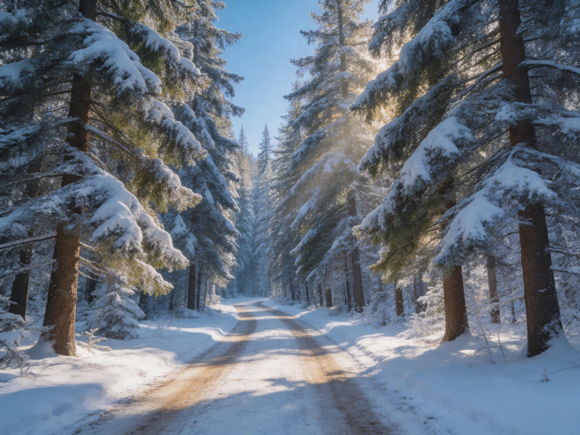 Snow-laden pines frame sunlit forest path