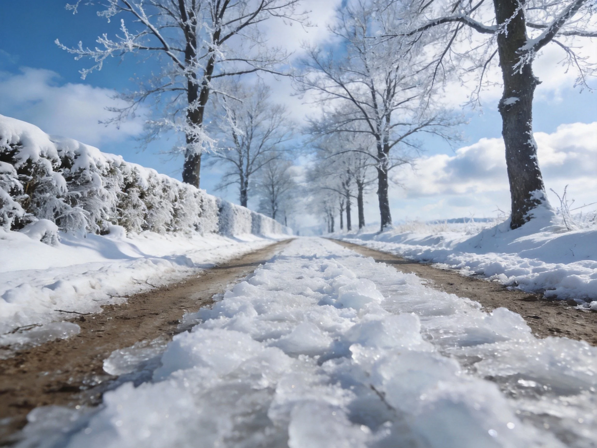 Snow-laden road with frosty trees under bright blue sky