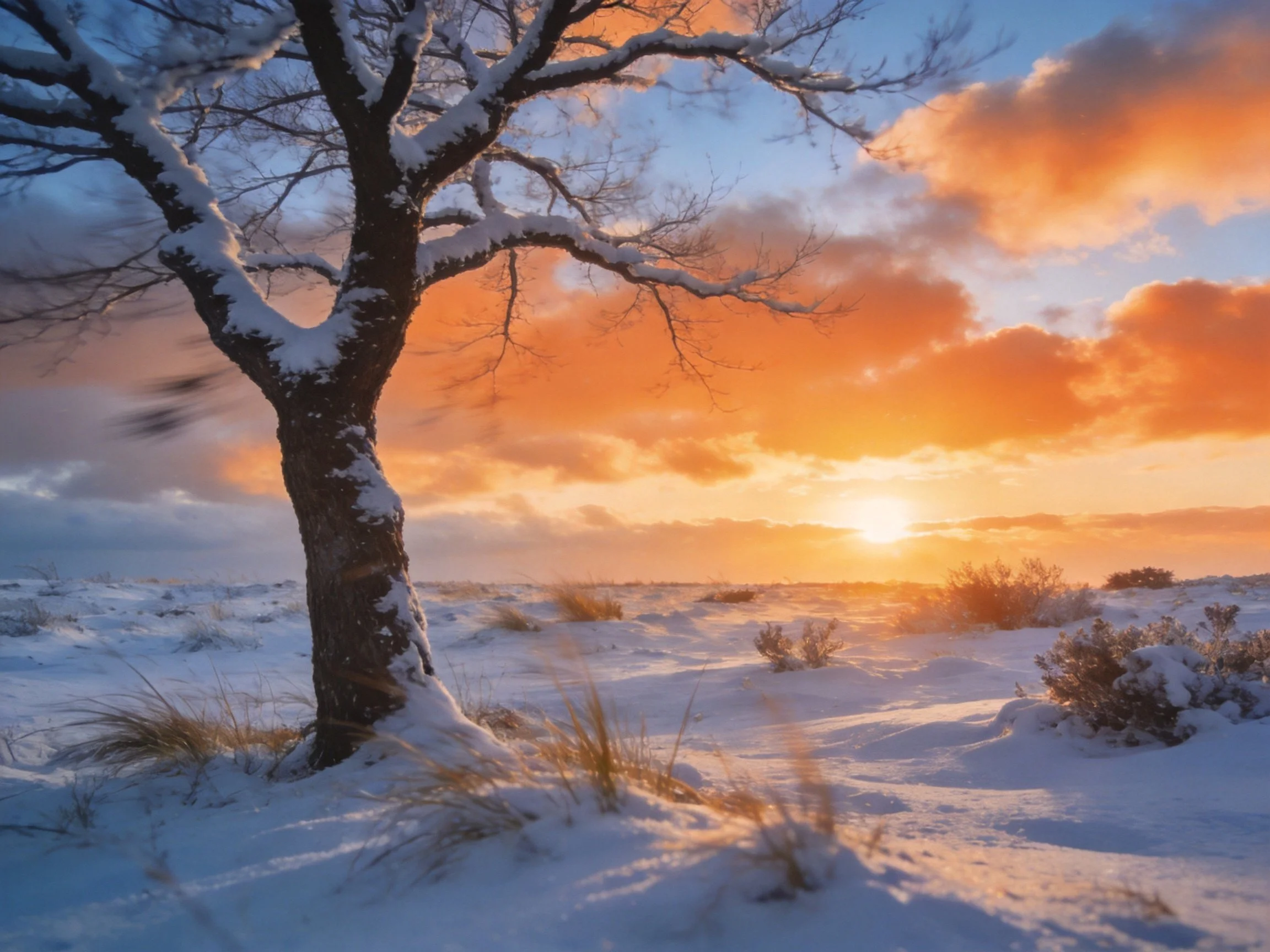 Snow-laden tree beside golden sunset over frosty field