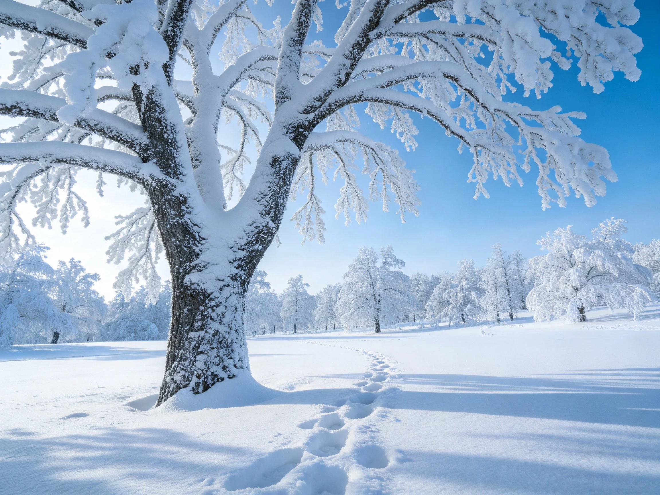 Snow-laden tree stands tall amid bright blue winter scenery