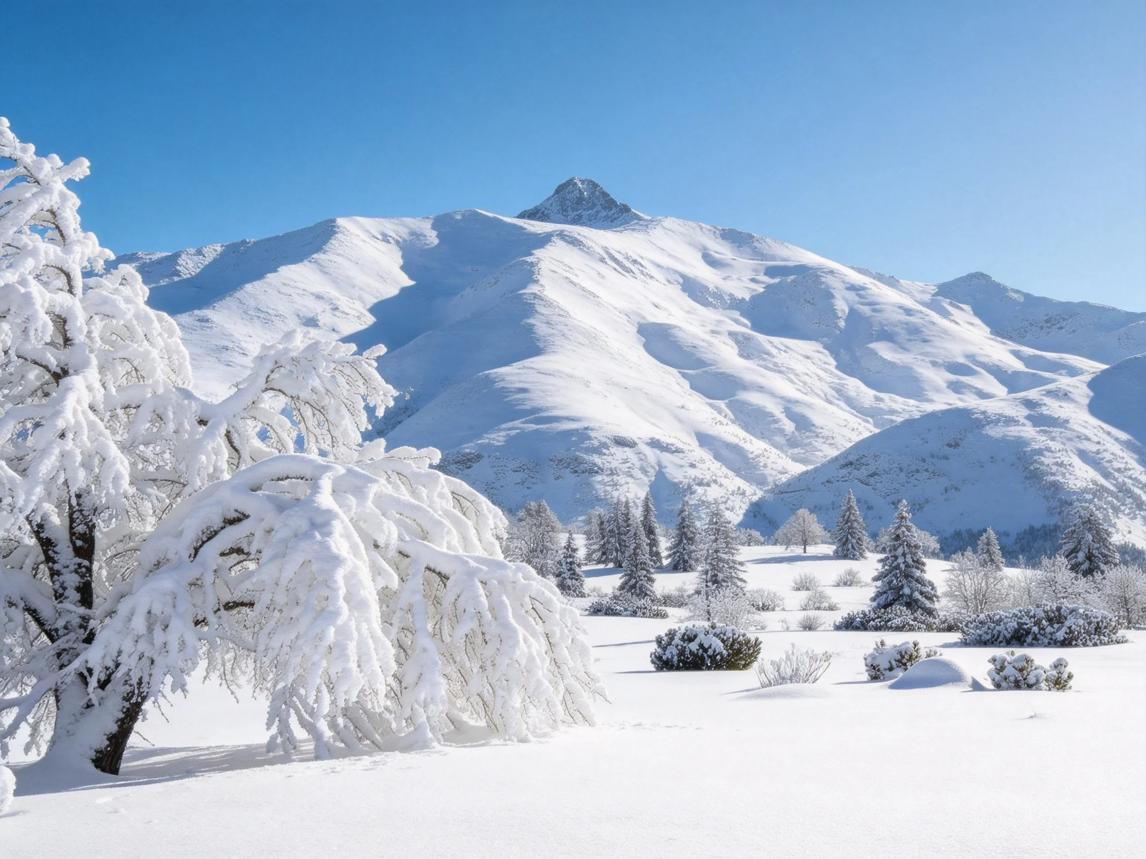 Snow-laden trees and majestic mountain peaks under clear blue sky