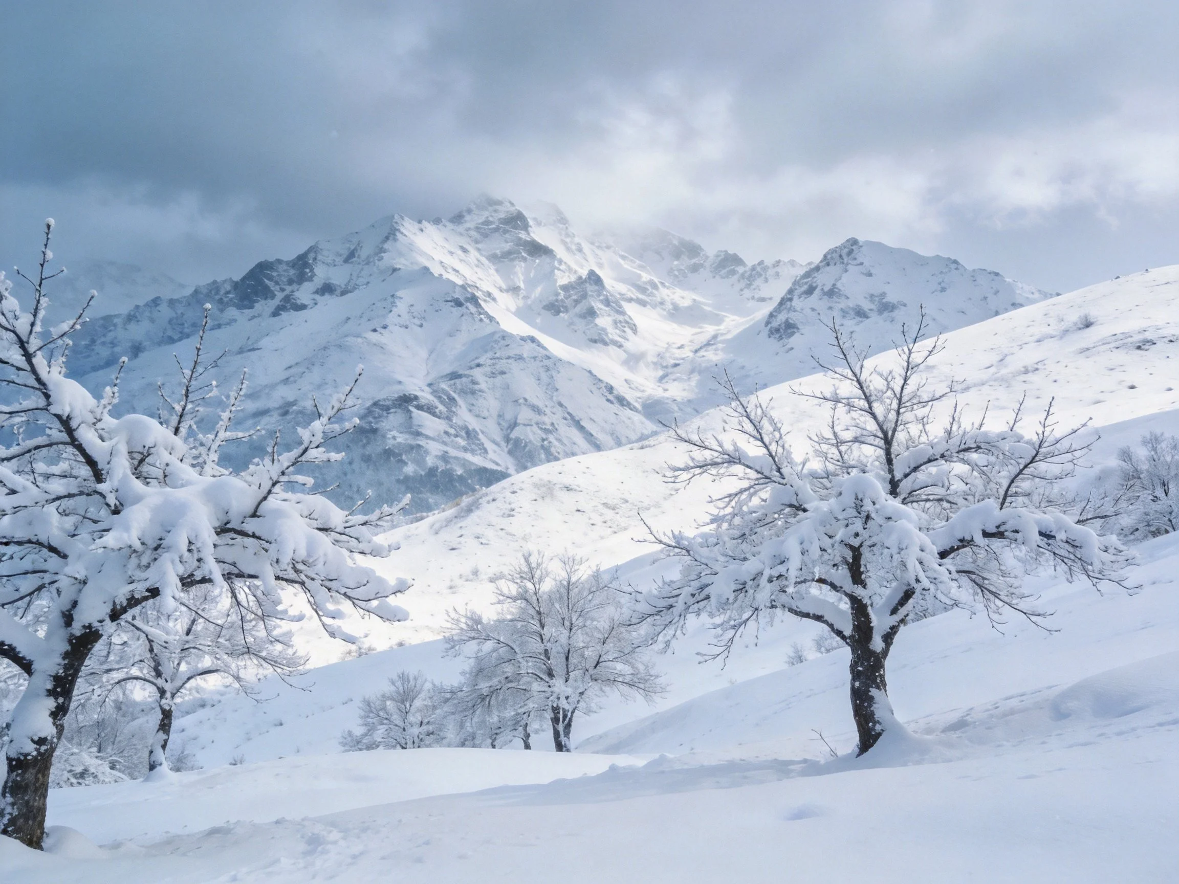 Snow-laden trees beside rolling snowy hills with tall mountain peaks
